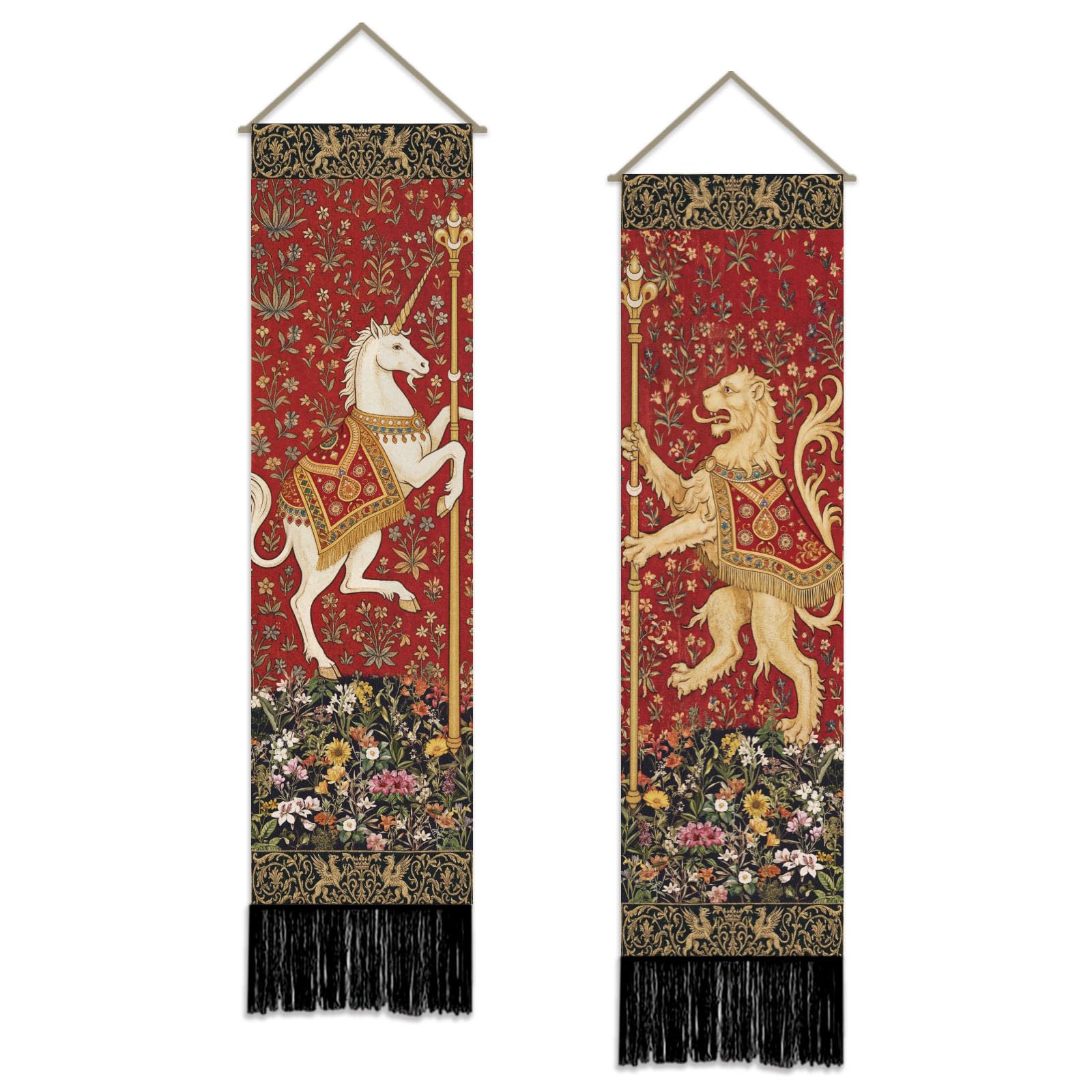 SUPERDANT 2Pc Medieval Lion Tapestry Vertical Wall Hanging Set 51x13 Inch/130x33cm Narrow Retro Panel with Rod for Apartment Hallway Bedroom Man Cave Colorful
