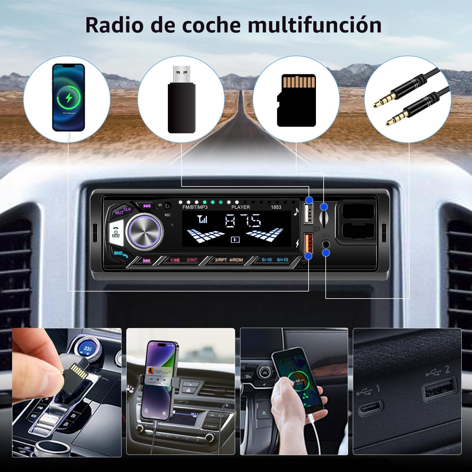 1 DIN Radio de Coche con Bluetooth - Bluetooth Radio de Coche con Soporte para Teléfono Móvil - Llamadas Manos Libres, Radio FM, Puerto USB/TF/AUX, Retroiluminación de Colores