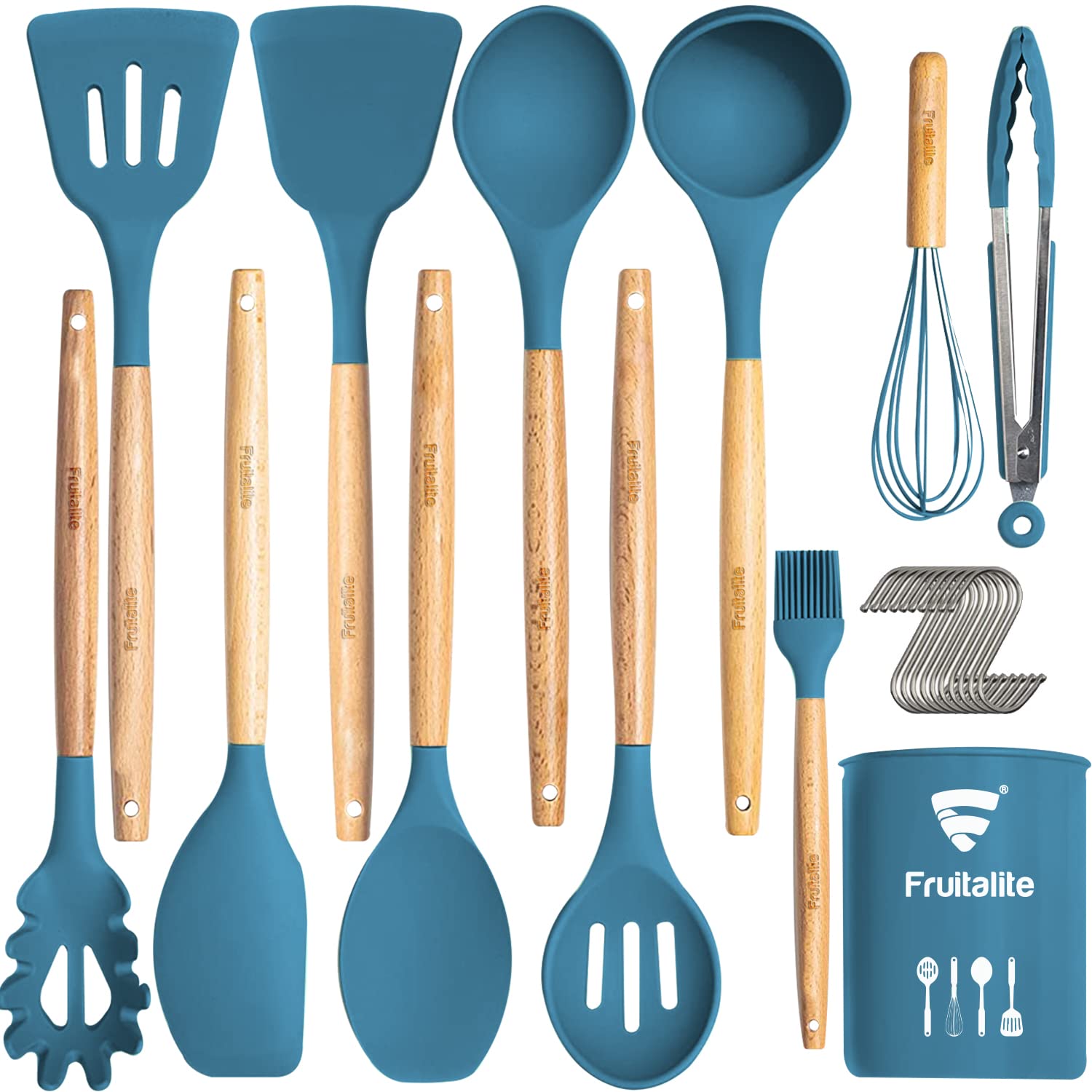 Fruitalite Silicone Kitchen Utensils Spoon Spatula Cooking Set- 13 Pcs Non-Stick with Wooden Handle- BPA Free, Heat Resistant Item, Flexible Non Toxic Silicon Cookware Tools with Holder- Dark Blue (B0BFBRSMHL) Amazon Price History, Amazon Price Tracker