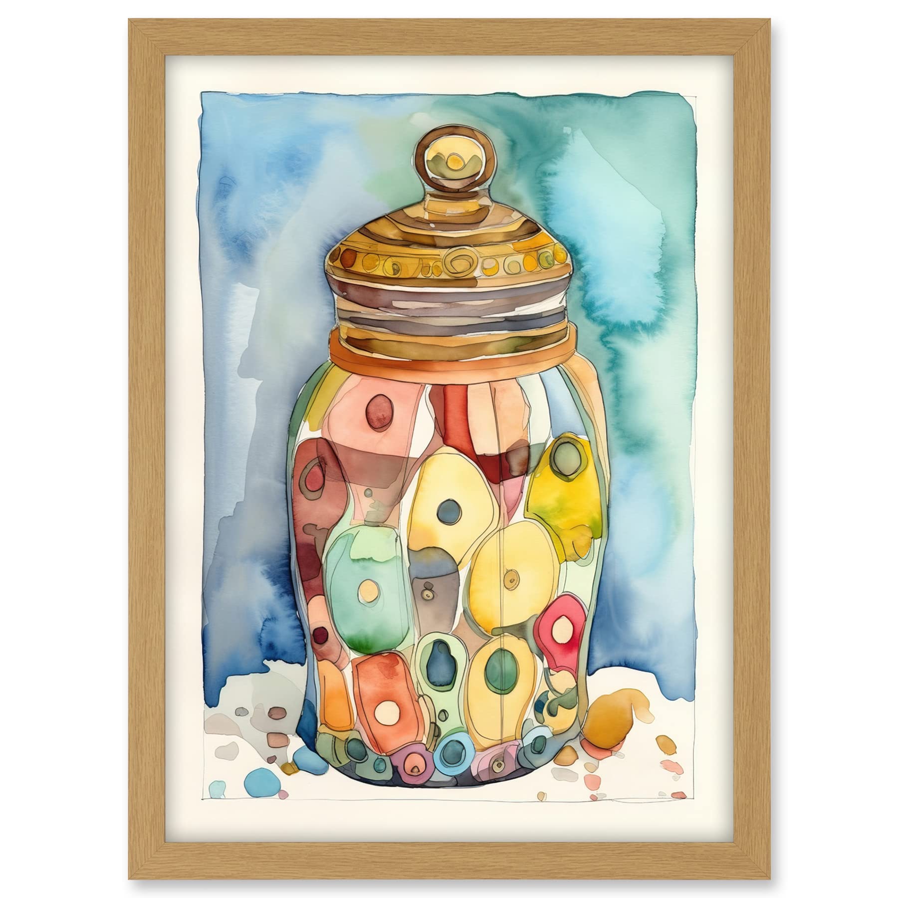 Artery8 Glass Cookie Jar With Sweets Folk Art Watercolour Painting Artwork Framed A3 Wall Art Print