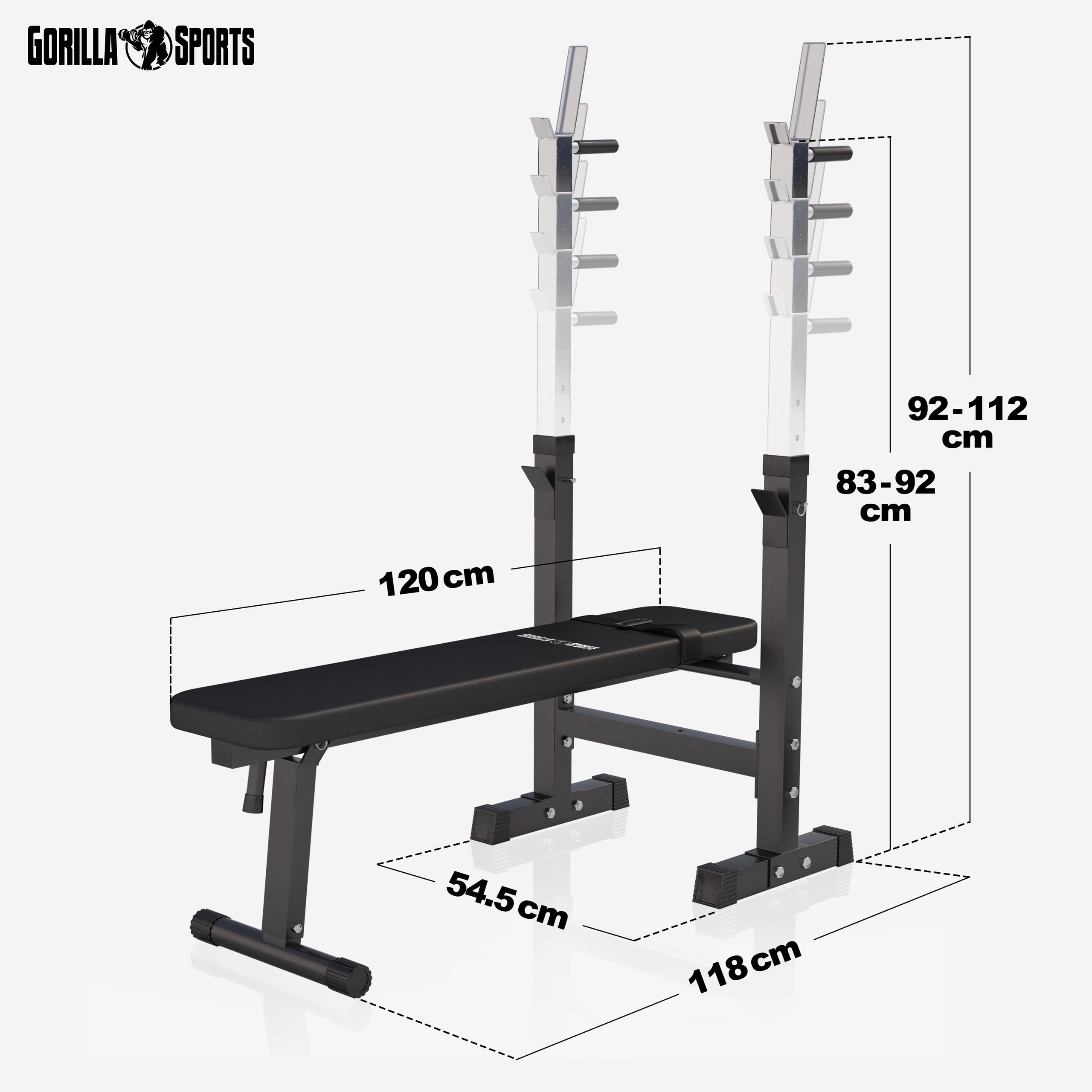 GORILLA SPORTS® Banc de Musculation - avec Support de Barres, Réglable, Multifonction, Pliable, Inclinable, Charge Max. 200kg, Noir/Blanc - Banc d'Haltérophilie, Banc de Poids, Entraînement, Fitness