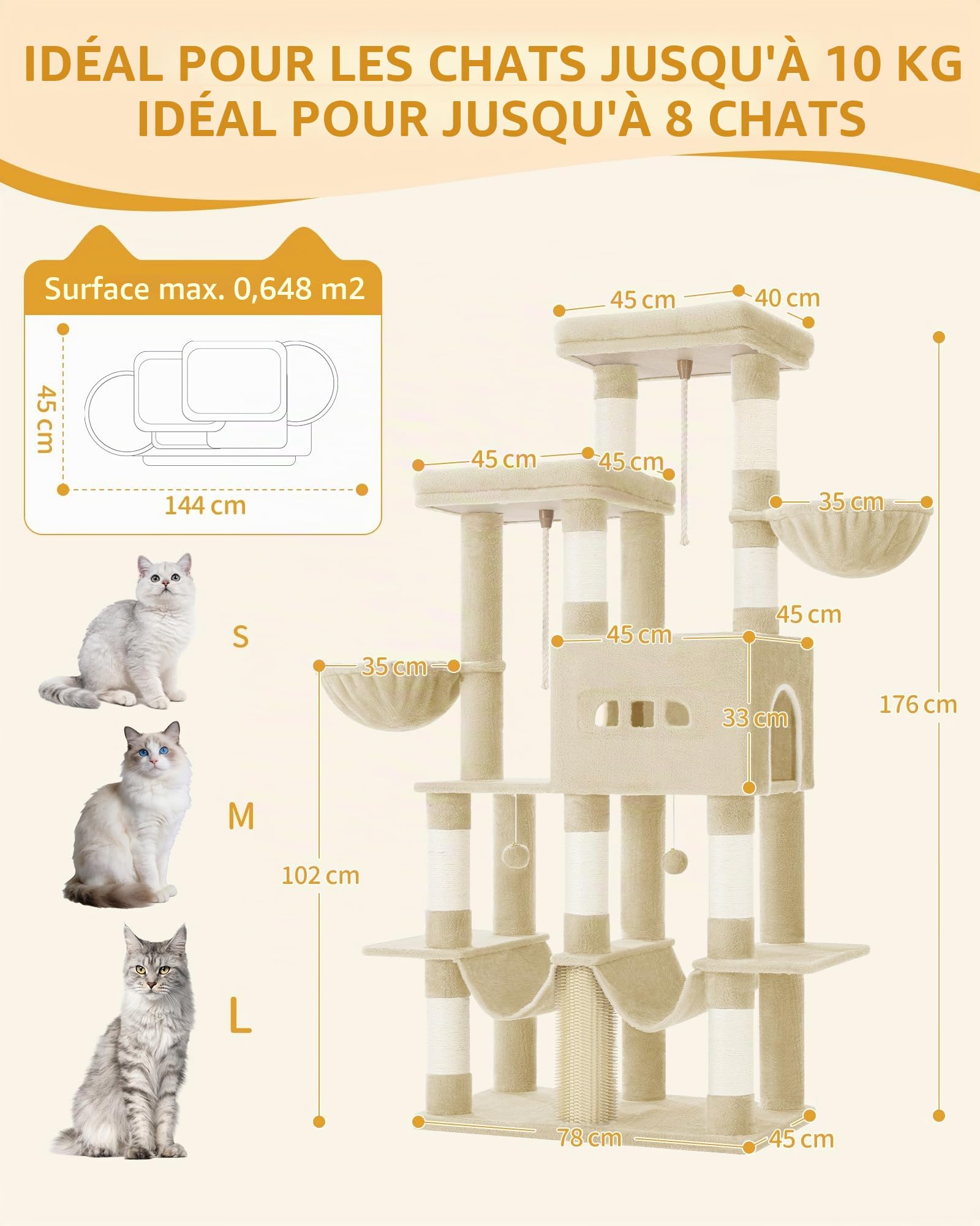 Hzuaneri Arbre à Chat, 176 cm, 2 Plateformes Extra-Larges, Beige | 2 Grande Grottes, 9 Poteaux à Griffer en Sisal, 2 Hamacs, Panier pour Chat, Pompons, Convient aux Chats Maine Coon, MS17218YL