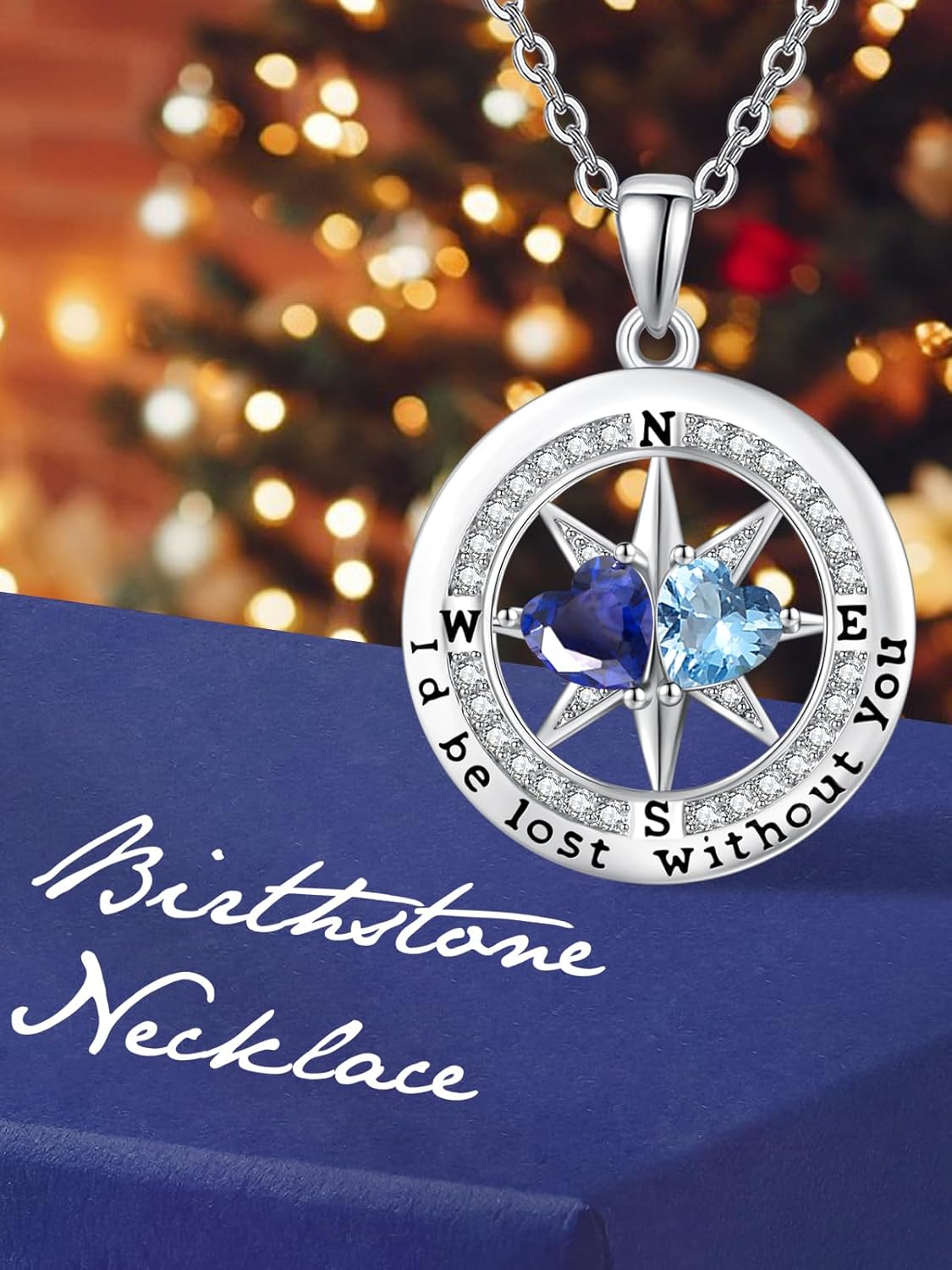 Compass Birthstones Necklace for Women, Exquisite S925 Necklace Anniversary Birthday Gifts for Wife Her Double Birthstone Pendant jewelry ‘I'd be Lost Without You’