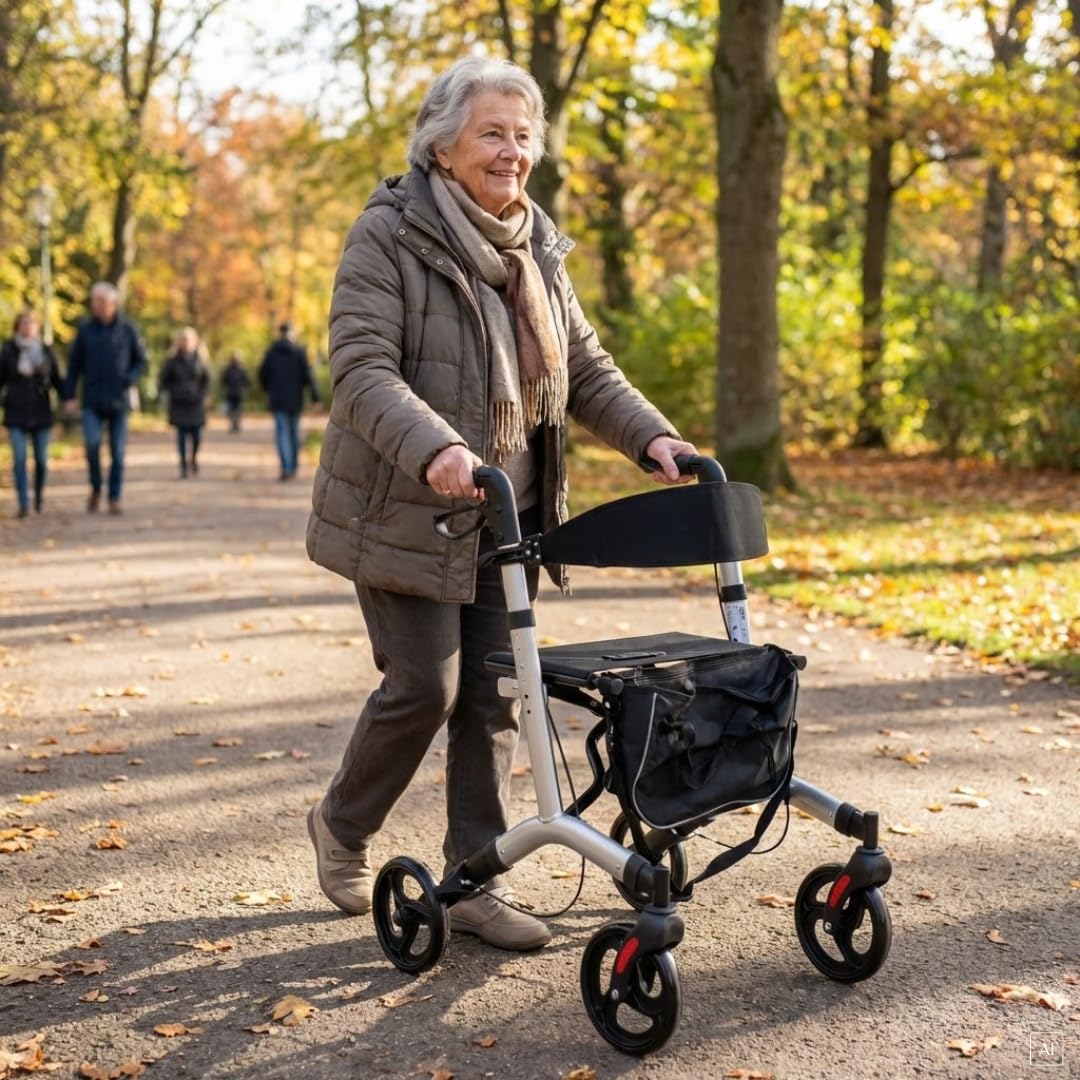 abc HOME Alu Rollator Leichtgewicht 7,3 kg – Klappbarer Reiserollator bis 130 kg – Gehhilfe mit Ankipphilfe, Sitz & Tasche – Höhenverstellbar & Silber/Schwarz