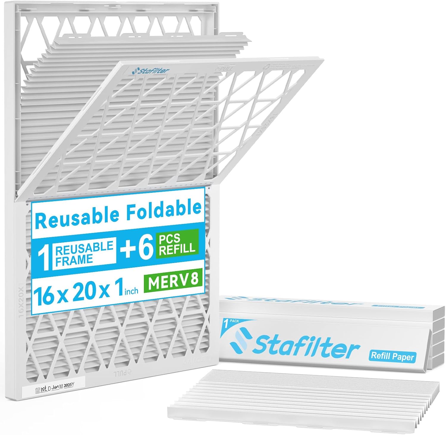 Reusable 16x20x1 Air Filter (MERV 8), 1 Foldable Frame + 6 Refills (Not Individual Filters), Greener HVAC AC Furnace Air Filters MPR 700&FPR 5(Actual Size:15.75"x19.75"x0.75")