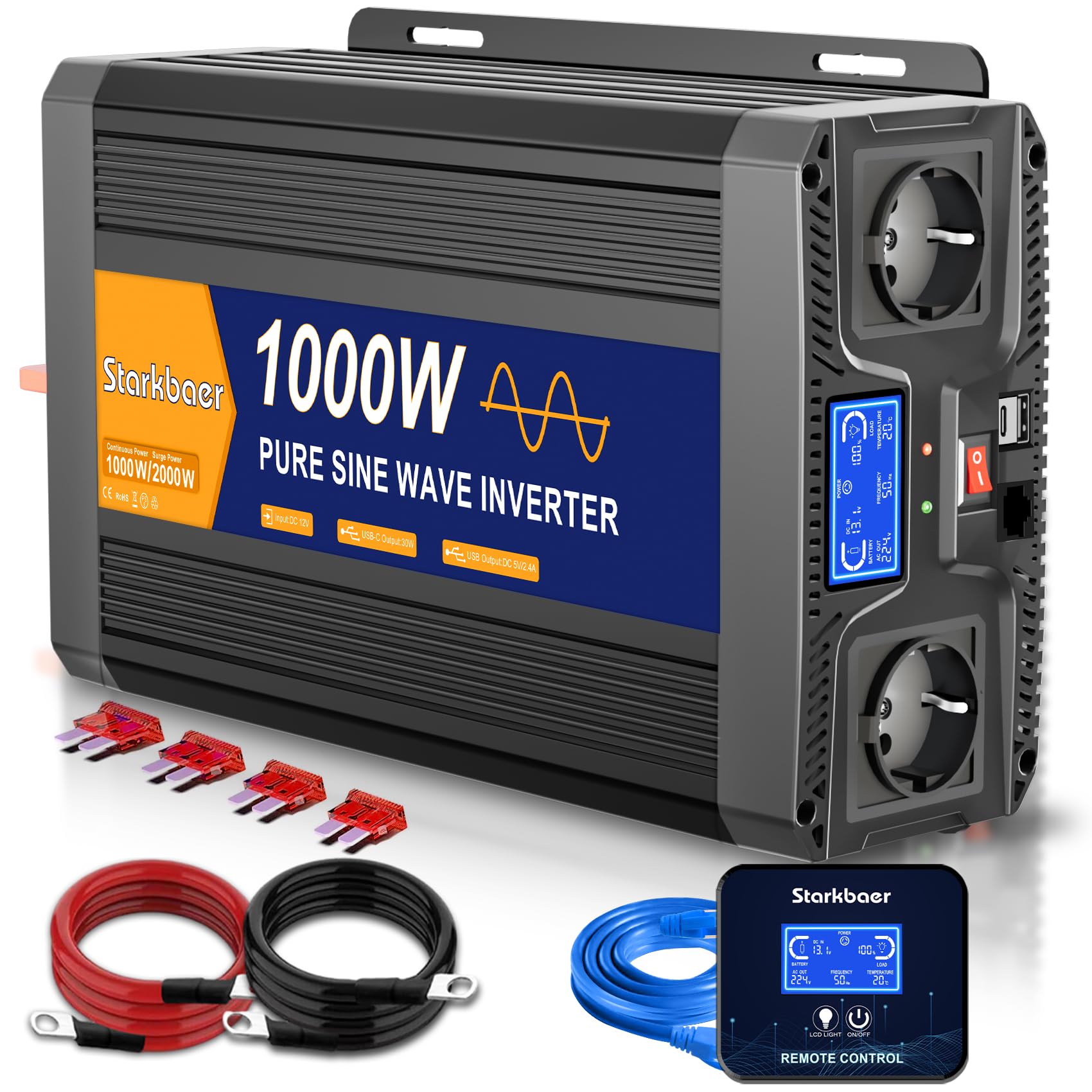 1000W czysty falownik sinusoidalny Przetwornica napięcia 12V do 230V konwerter samochodowy falownik z wyświetlaczem LCD zdalnego sterowania 2 gniazdami AC-pilot i 1×USB5V2.4A,1×Type-C