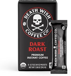 Death Wish Instant Dark Roast Coffee Packets - Bold USDA Organic Arabica & Robusta, Extra Caffeine Kick, 8 Single-Serve Sticks
