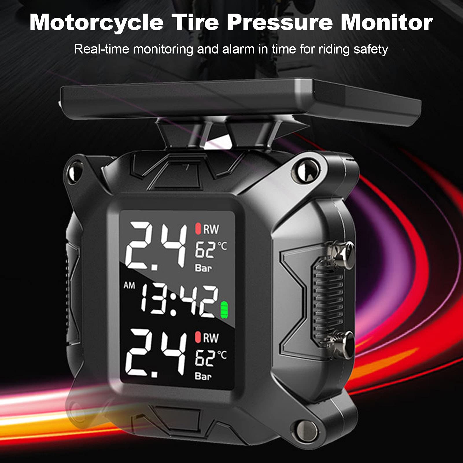 Reifendruckdetektor, Reifendruckkontrollsystem TPMS für Motorräder Solar Wireless Charging IP67 Wasserdicht mit 2 externen Sensoren TPMS Echtzeitanzeigen 2 Reifendruck und Temperatur