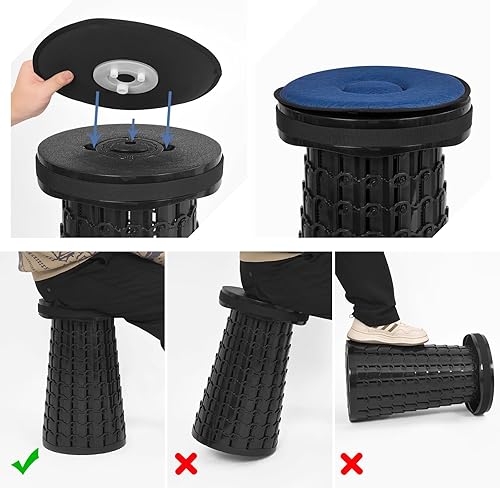 Miniatura 8 de Paquete de 2 taburetes plegables XXL mejorados, altura máxima, 19.7 pulgadas, 1000 libras, peso máximo, taburetes telescópicos portátiles con cojín