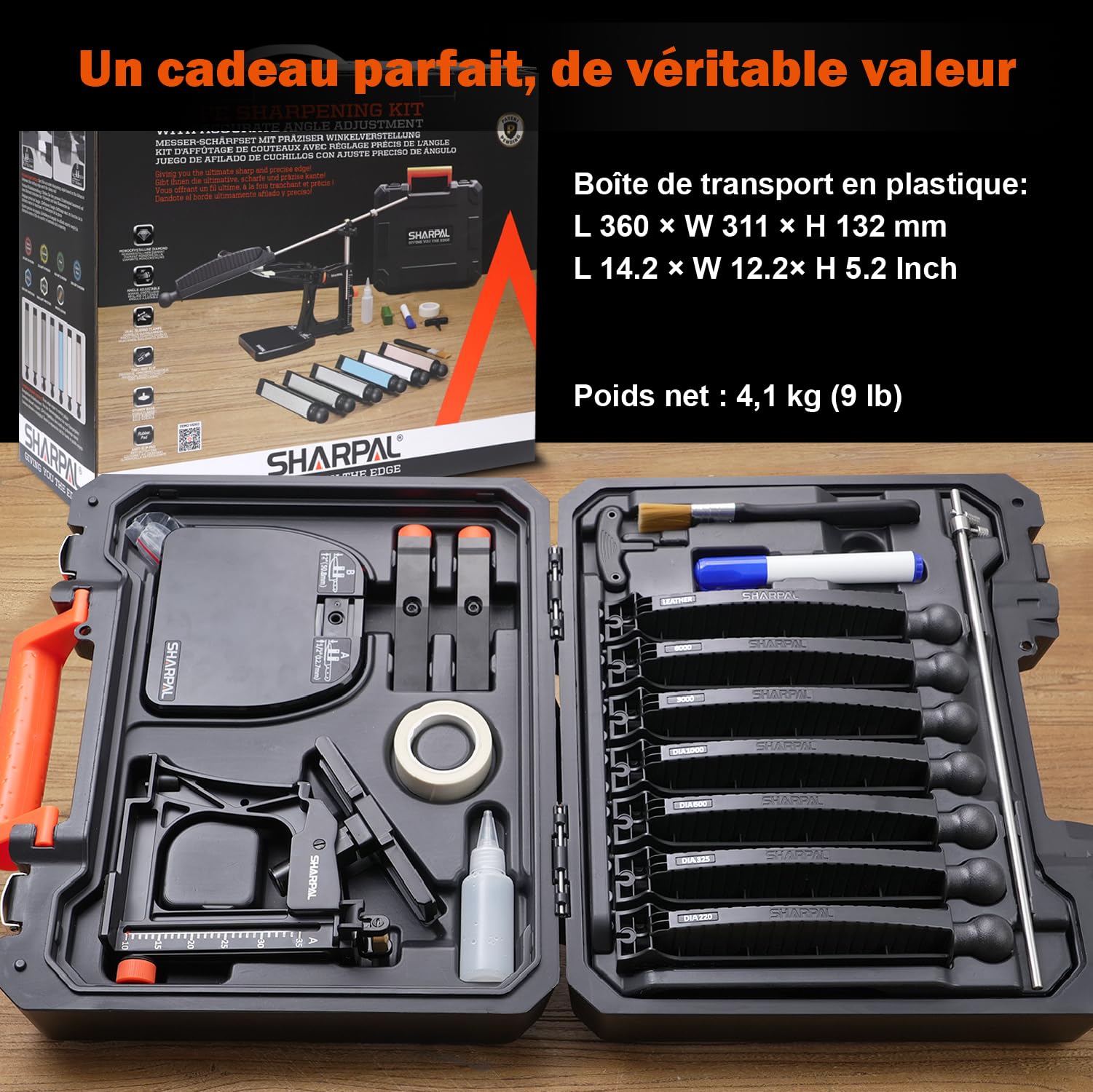 SHARPAL 202H Système d'Aiguisage de Précision – Affûteur à Angle Réglable 10–35°, Kit 7 Plaques (Diamant 220/325/600/1000, Pierre 3000/6000, Cuir à Polir) et Coffret Cadeau