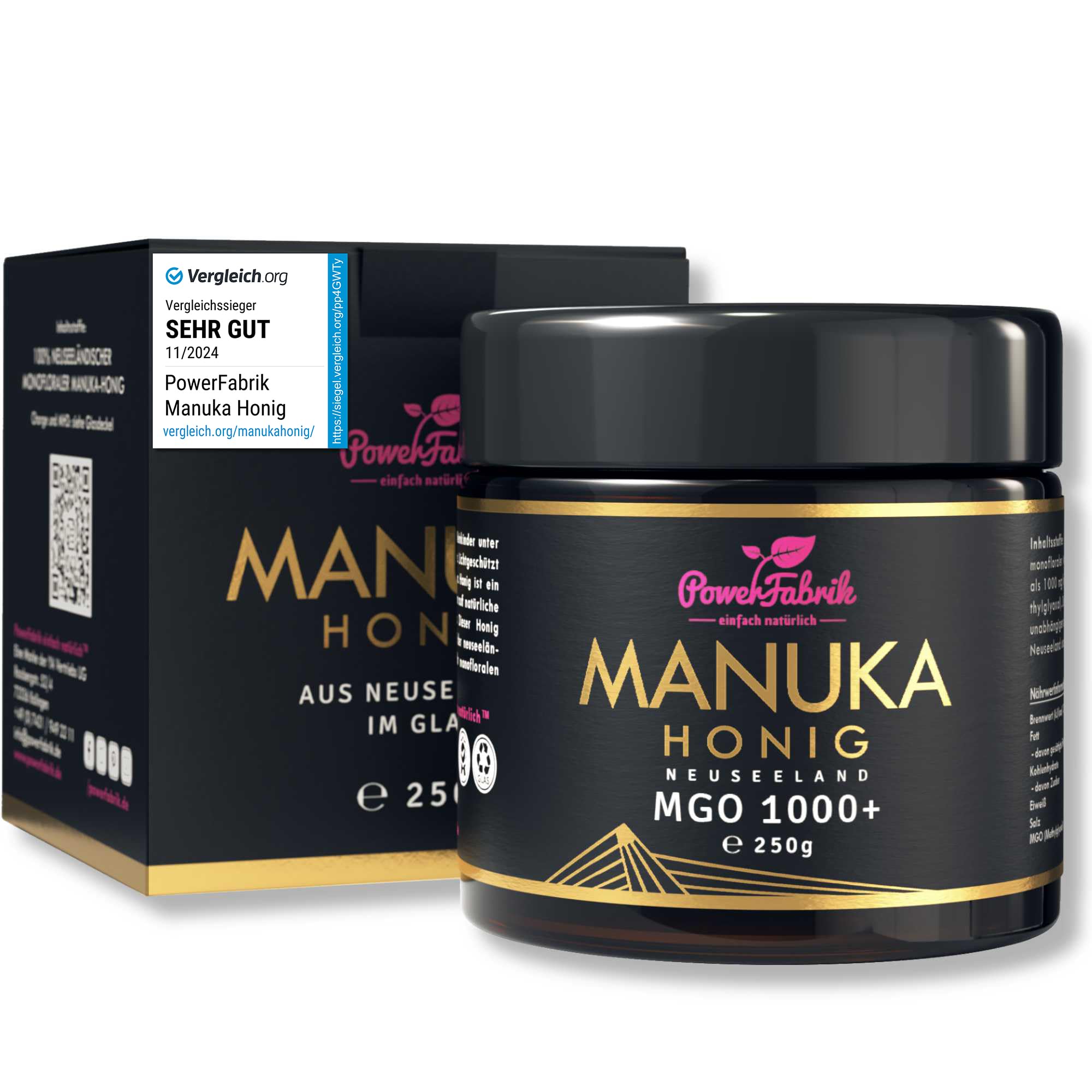 Manuka Honig | MGO 1000+ | 250g | Das ORIGINAL aus NEUSEELAND | IM GLAS | PUR, ROH & ZERTIFIZIERT | Premium Qualität 100% natürlich | PowerFabrik