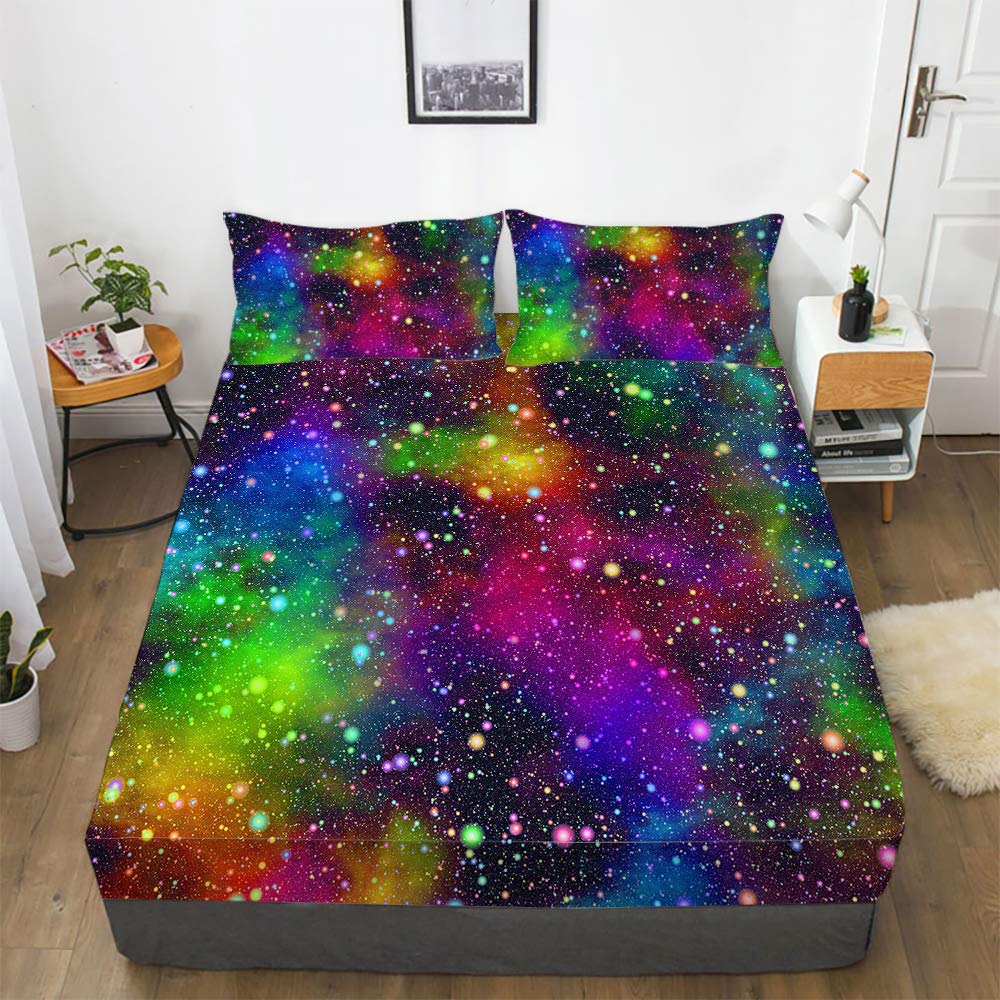 Galaxy Fitted Sheet Set Rainbow Space Bedding Sheet Set for Girls Full 3PCS 1 Deep Pocket Sheet with 2 Pillowcases Wrinkle Free Microfiber(16,Full)