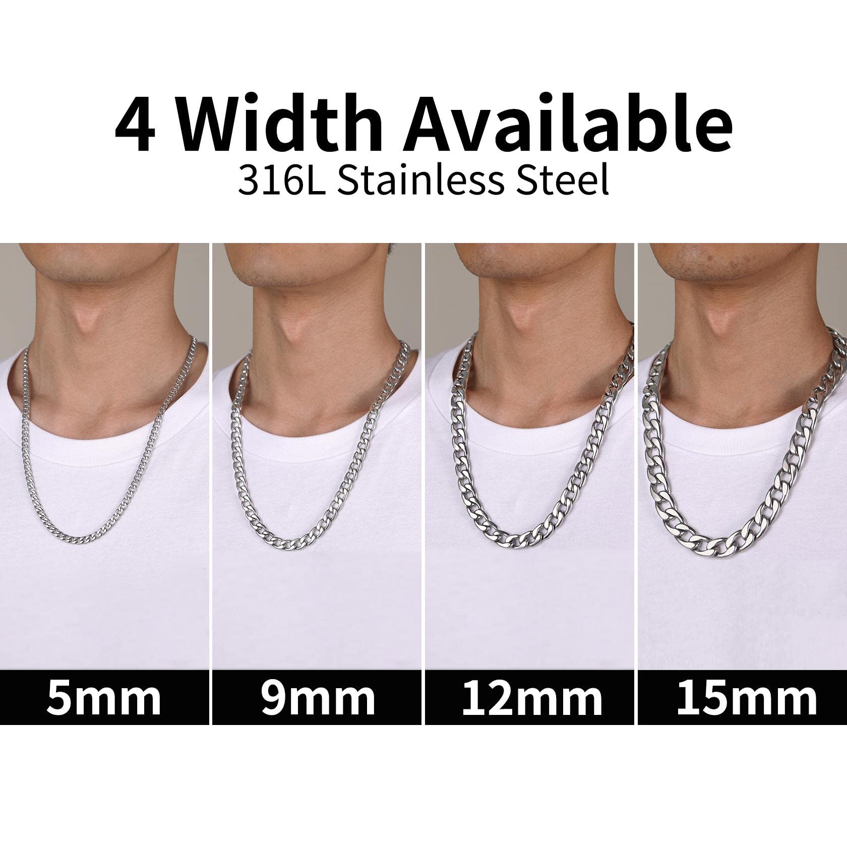 ChainsHouse Męski kubański łańcuszek ze stali nierdzewnej trwały 5/9/12/15 mm szerokości, 36-76 cm długości, srebrny/złoty/czarny łańcuszek, idealna biżuteria prezent