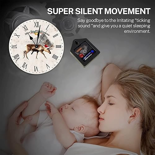 Miniatura 5 de Vintage Rustic Chic Round Wood Wall Clocks Merry Christmas Animal Moose Wooden Roman Numerals Clock Battery Operated Silent Non-Ticking Large Clocks