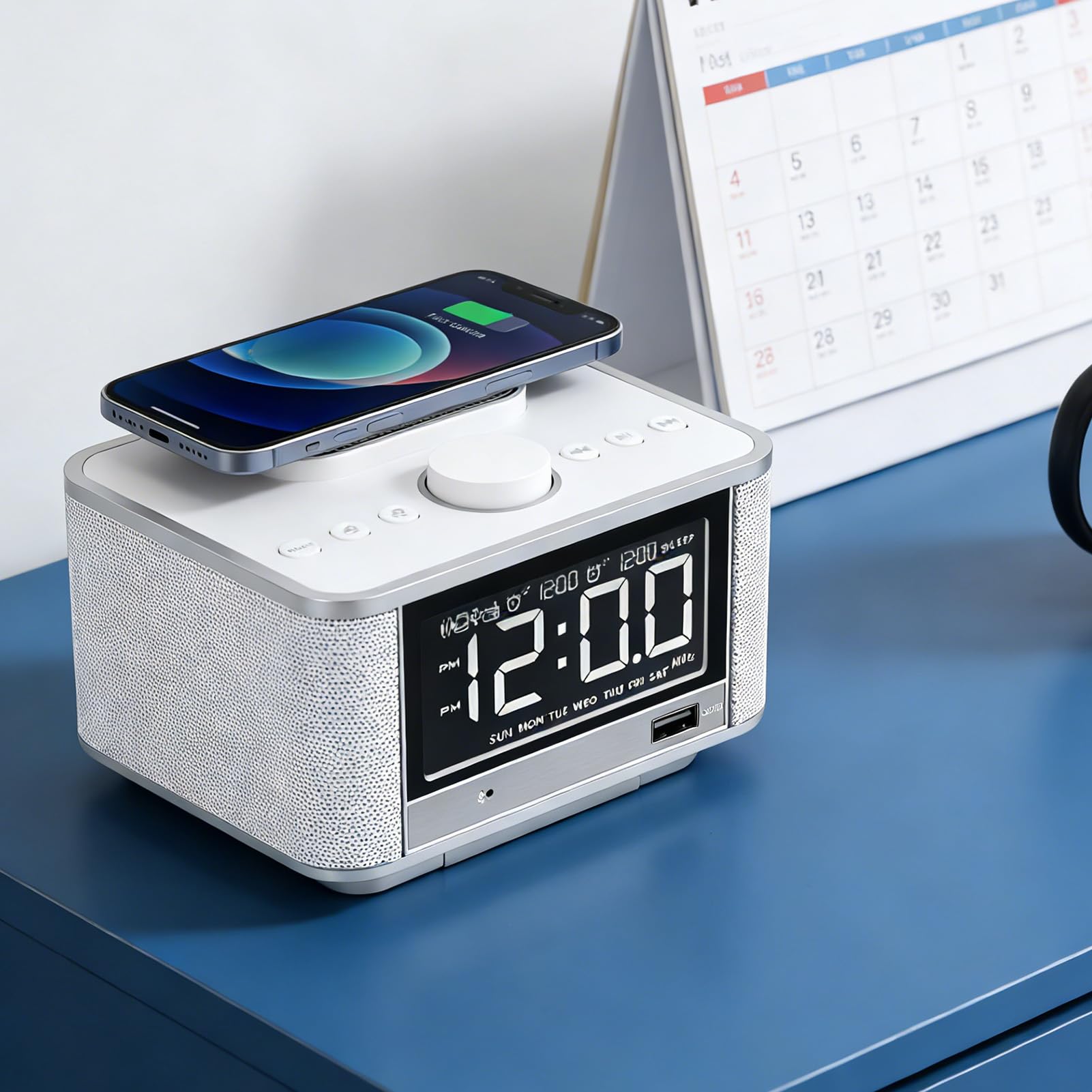 AMONIDA Sveglia con Altoparlante da 5 W, Radio FM con Ricarica Wireless, Display LCD e Porta AUX, per la Camera da Letto 'ufficio Domestico (Spina europea)