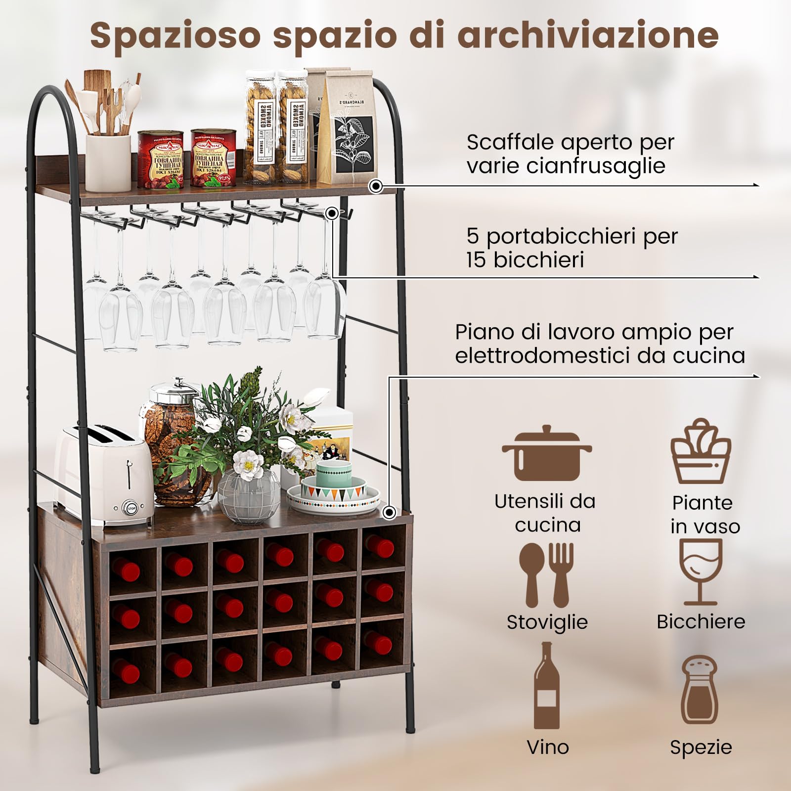 COSTWAY Mobiletto Portabottiglie da Vino, Mobile Bar Vino con Ripiani di Stoccaggio, 5 File di Portabicchieri e 18 Scomparti per Vino, per Soggiorno Cucina, Bar, 63 x 32 x 114,5 cm
