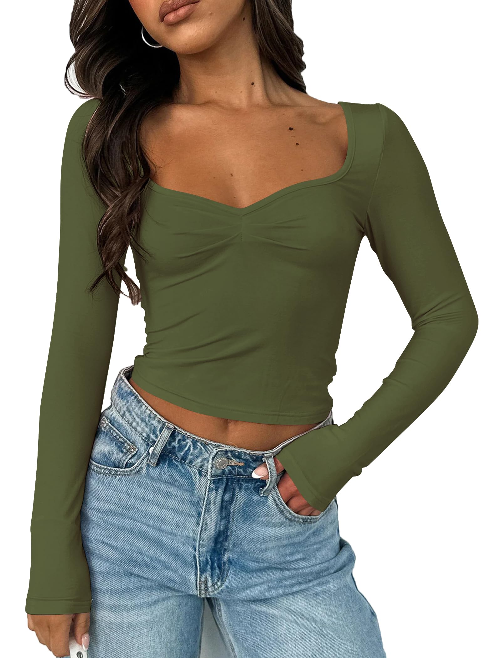 Cute Long Sleeve Sweetheart Tops for Women Going Out y2k Trendy Crop Tops Party Shirt Armygreen L
