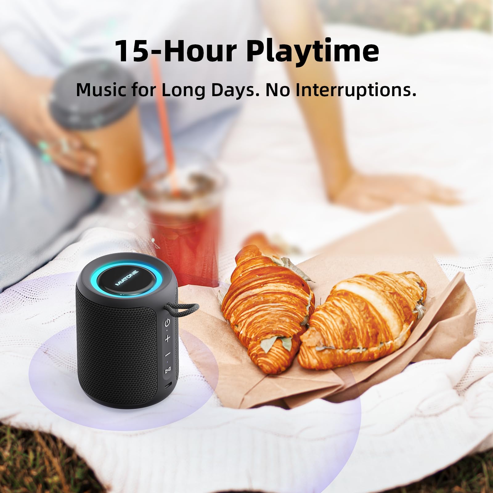 MIATONE Rush Pro Bluetooth Speaker, IPX7 Waterproof, 20W Deep Bass, 360° Sound, LED Light, Bluetooth Speaker TWS Compatible, Built-in Microphone, Bluetooth 5.4, Bath, Festival gifts (Black)