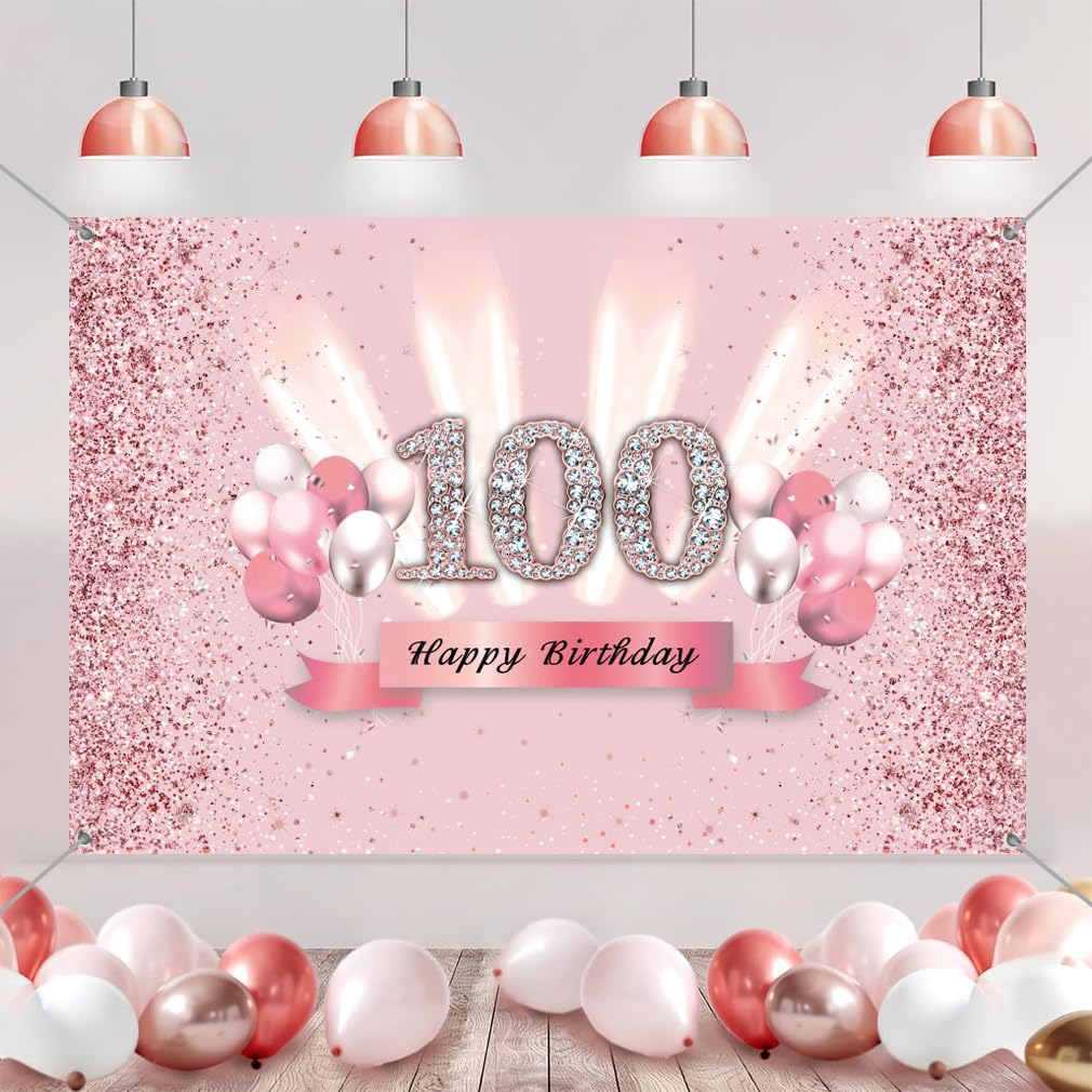 Happy 100th Birthday Banner – 150x90 Cm, Vinyl, Mit Glitzer-Elementen – Für Geburtstagsdeko Im Roségold-Design