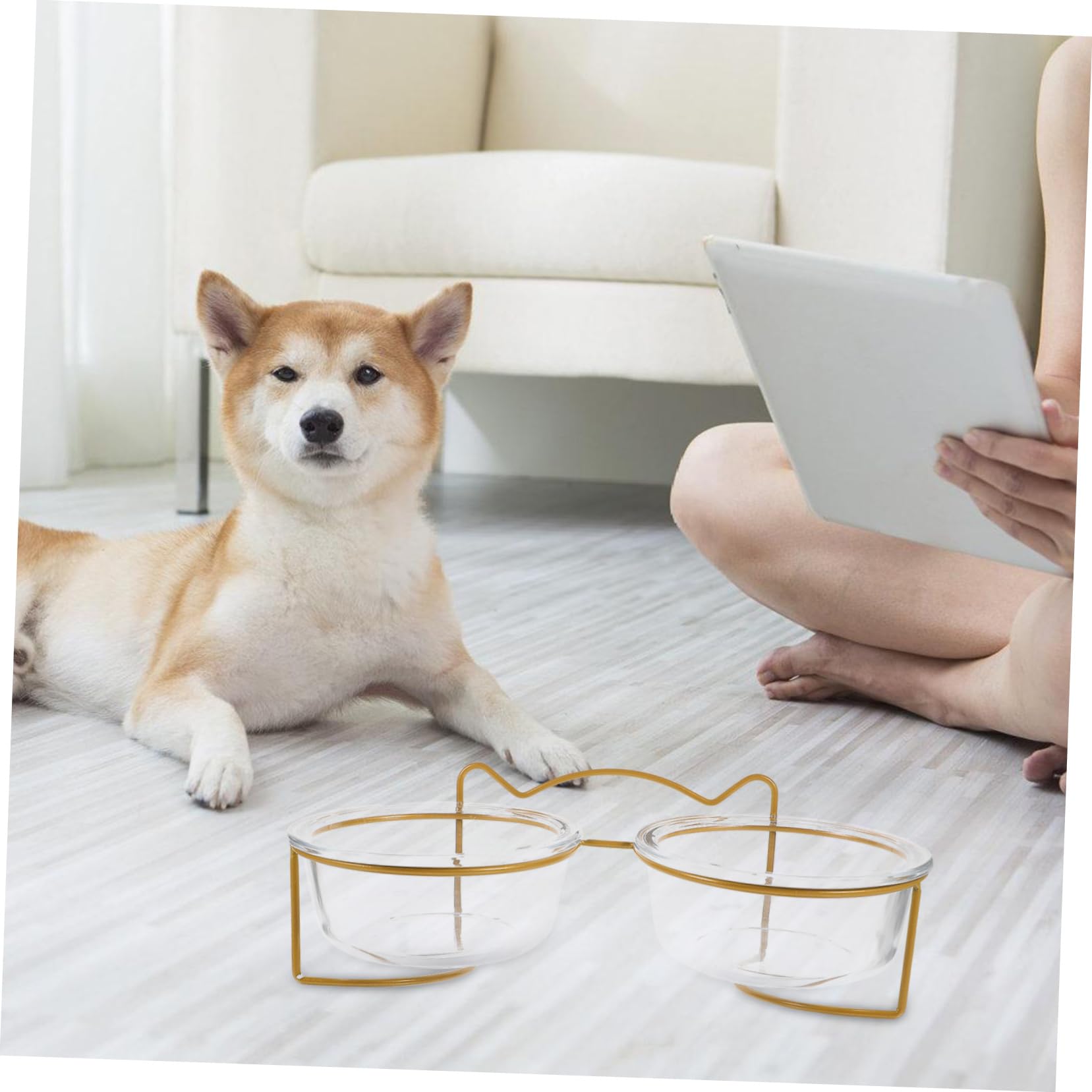 Toyvian Gamelle Double en Verre Inclinée pour Animaux de Compagnie, Bol Surélevé Facile à Laver Support Créatif en Métal, Adapté pour Chats et Chiens