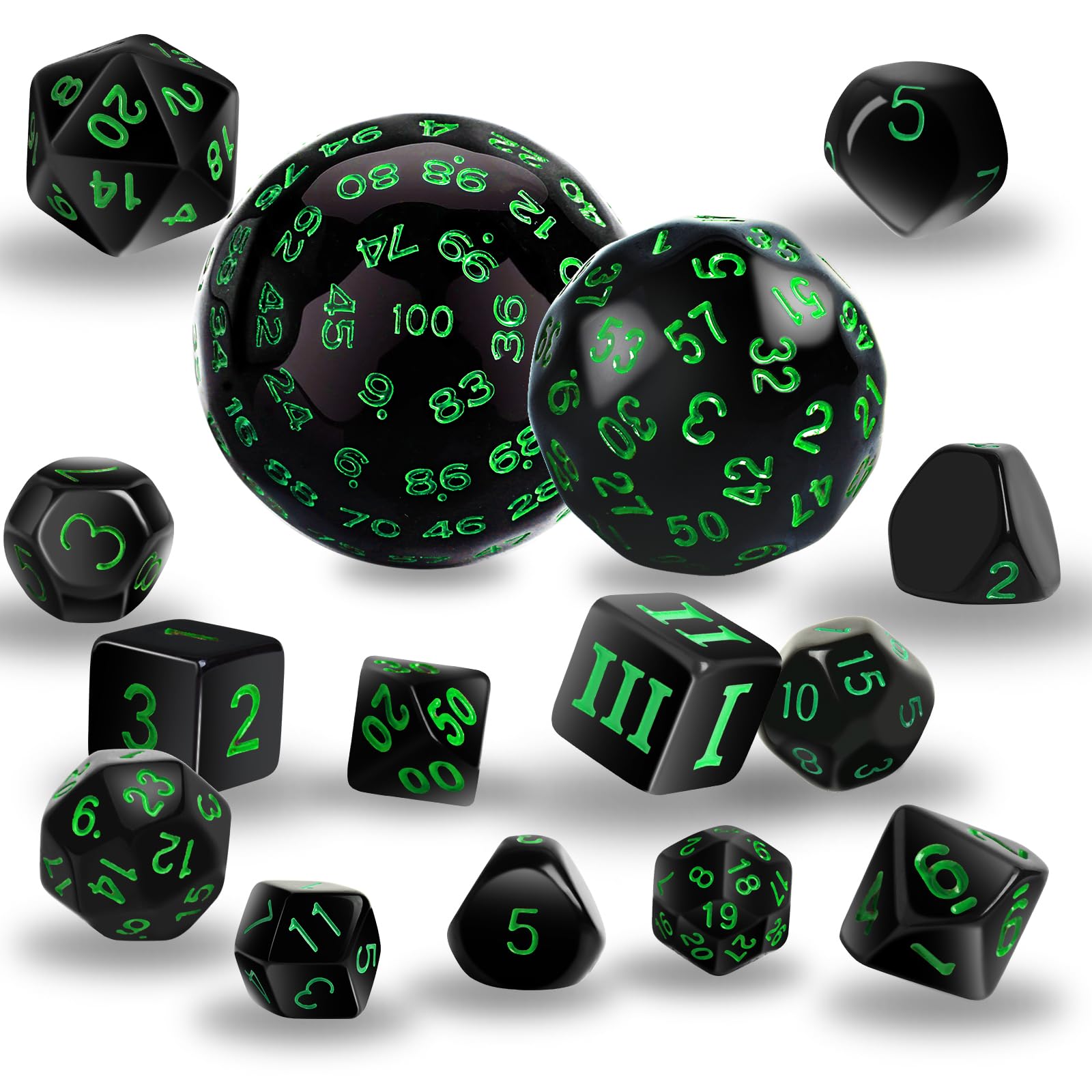 Lot de 6 dés polyédriques complets D3-D100 (15 pièces) pour jeux de table TRPG (noir)