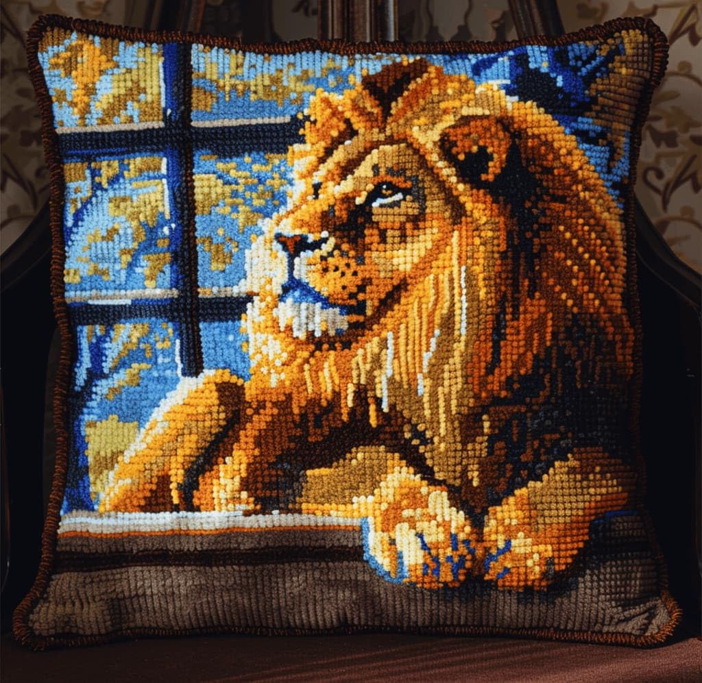 Kitquiver Latch Hook Cushion Kit,Lion DIY Throw Pillow Cover 43X43Cm
