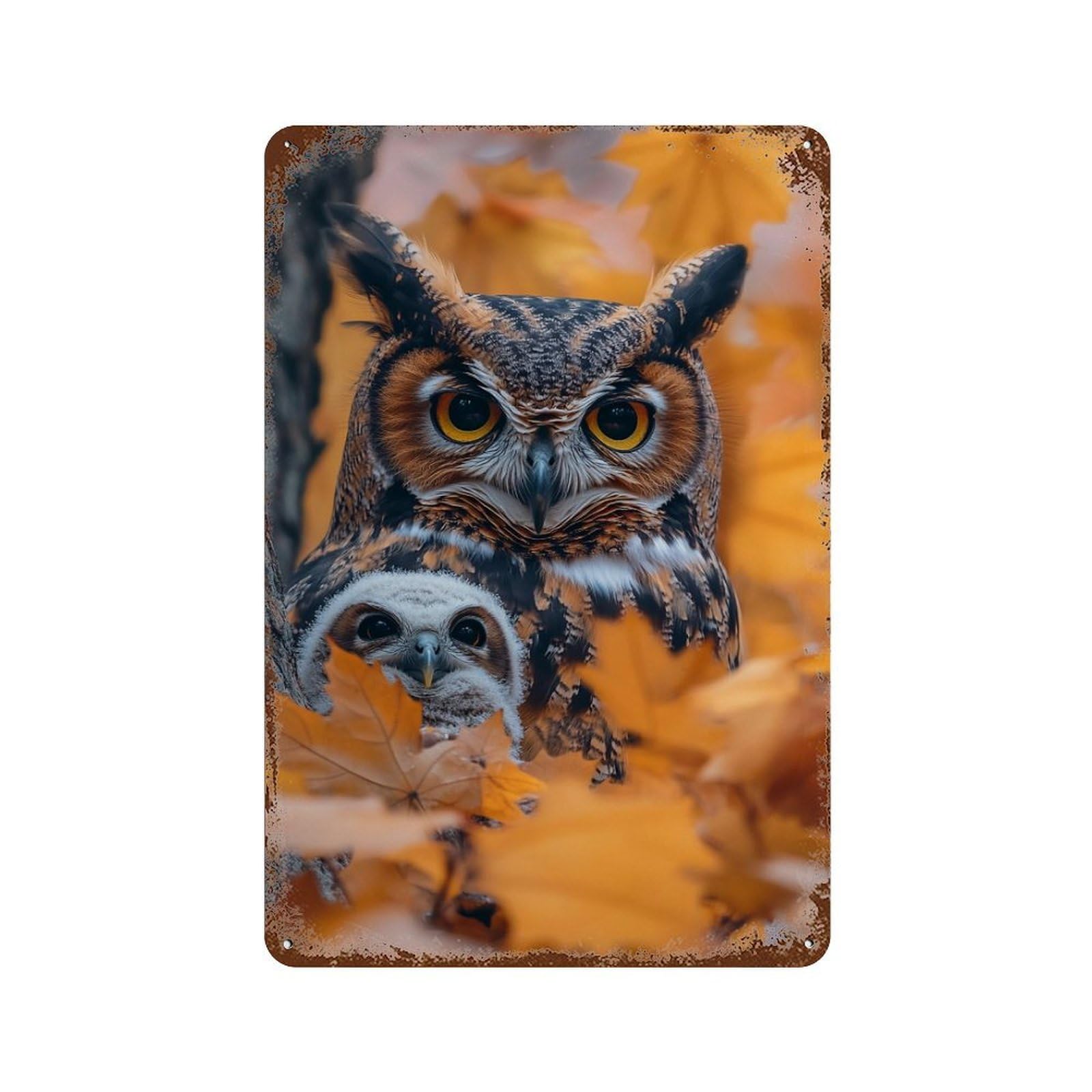 Distressed Metal Wall Sign with Autumn Owl Family-2 Design 11.8"x7.9", for Garage, Bar And Workshop Decor, Vintage Wall Decor
