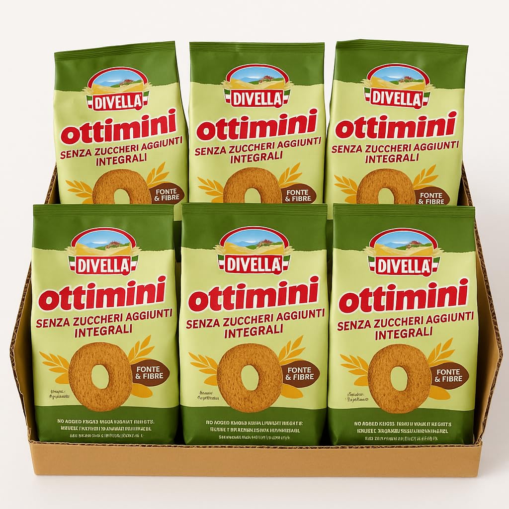 Ottimini Integrali Senza Zuccheri Aggiunti - Biscotti Integrali Fonte di Fibre, Senza Zucchero, 6 Confezioni da 400g ciascuna (Totale 2,4 kg) per Divella