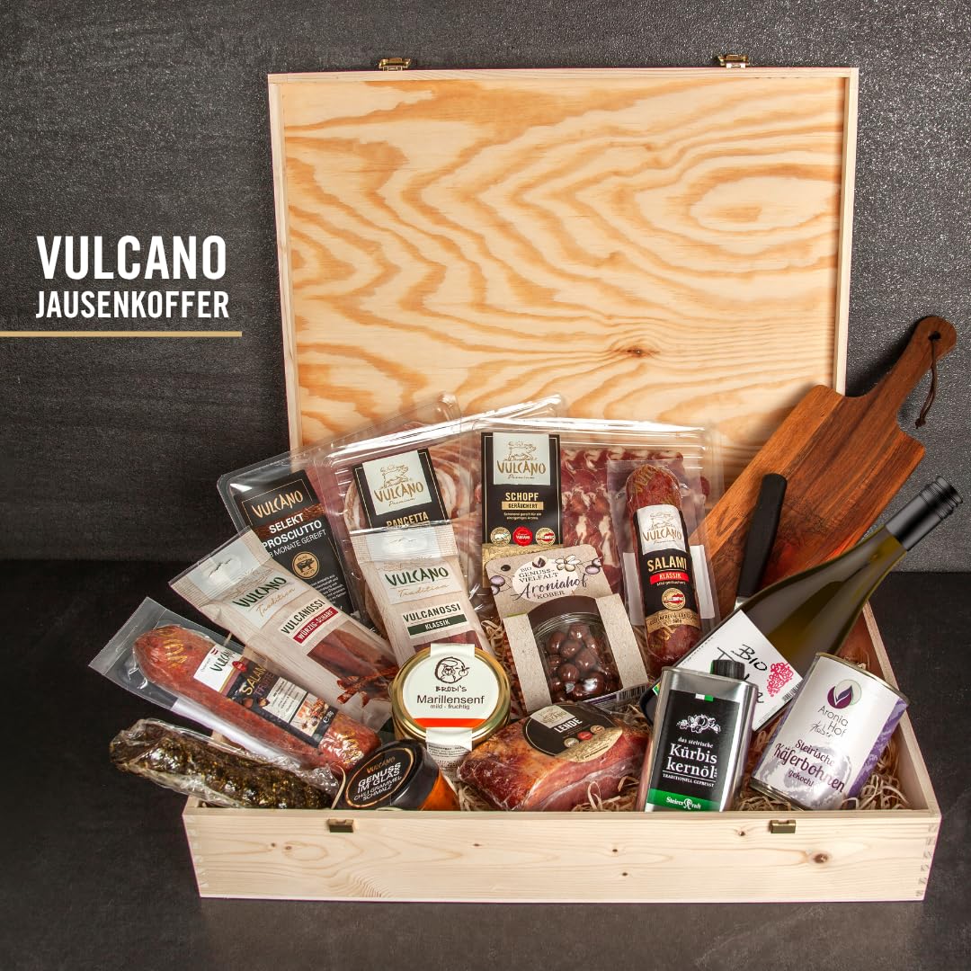 Vulcano Jausenkoffer – Geschenkbox mit Prosciutto, Salami, Vulcanossi, Speckwurzen & steirischen Spezialitäten – Feinkost Geschenk für Genießer, ideal für Männer, Frauen, Geburtstag & Weihnachten