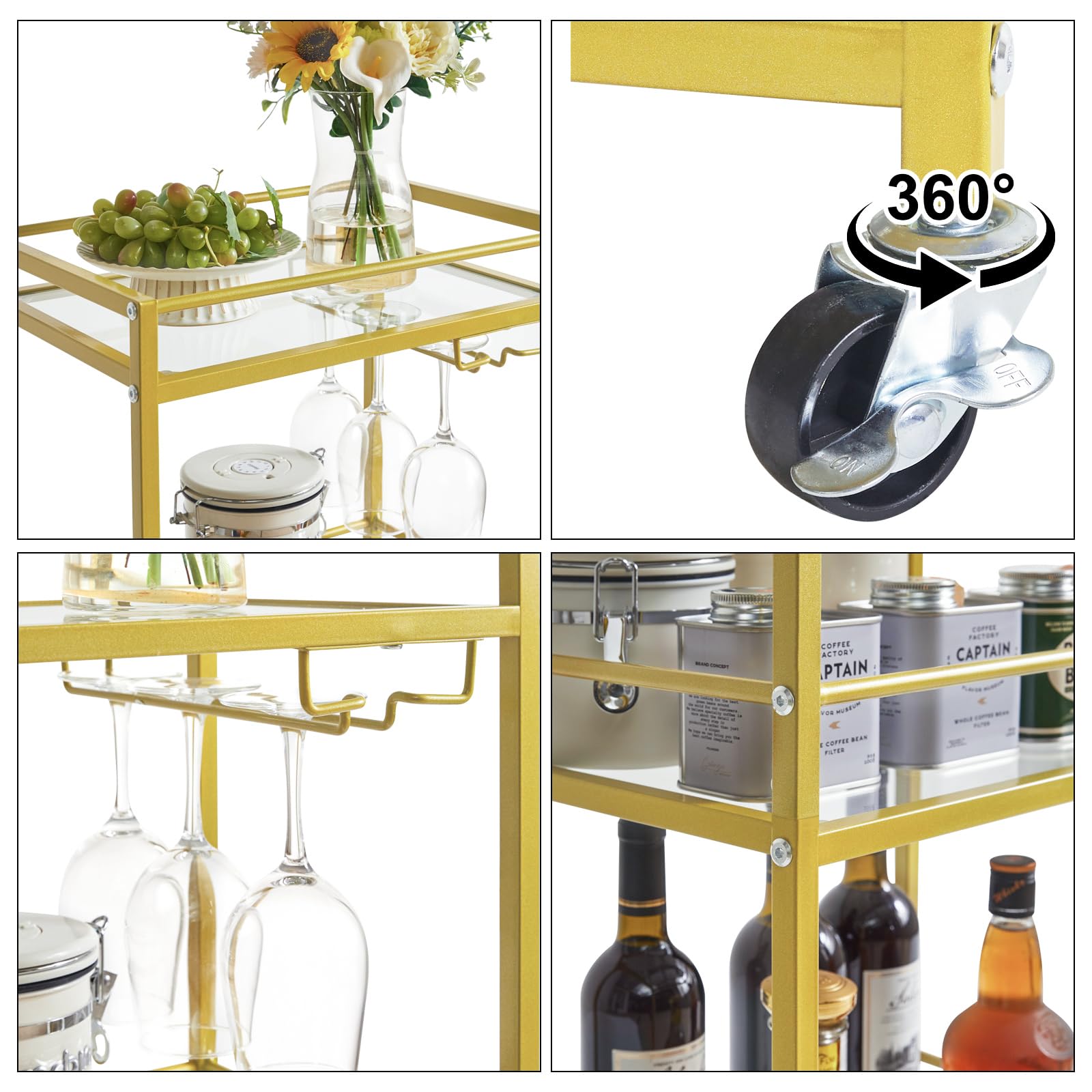 IBUYKE Home Bar Serving Cart,Small Bar Cart with 3-Tier Glass Shelf, Mobile Drink Shelf with Wine Holders and Glass Holders,Mini Bar for Outdoor, Small Space, Kitchen Gold TMJ519G