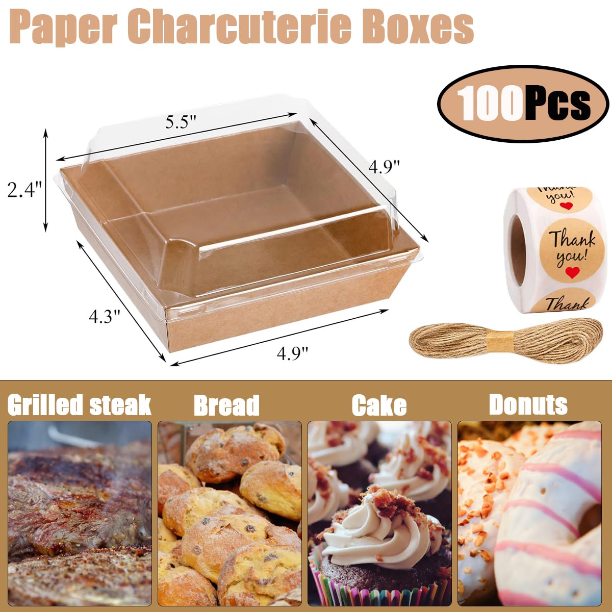 Paquete de 100 cajas de embutidos con tapas transparentes, ecológicas, portátiles y a prueba de fugas para diversas delicias, 50 marrones y 50 blancos (marrón y blanco (rectangular))