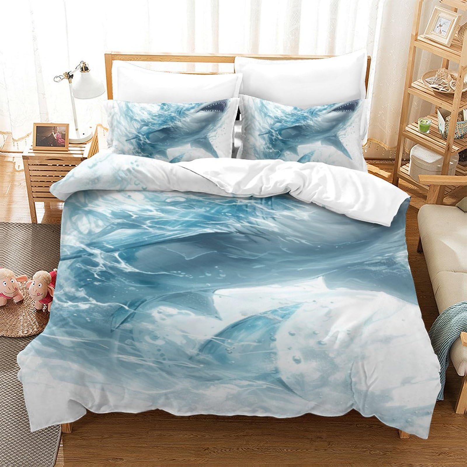 Linge de lit grand requin blanc 140x200cm avec taie d'oreiller 3D