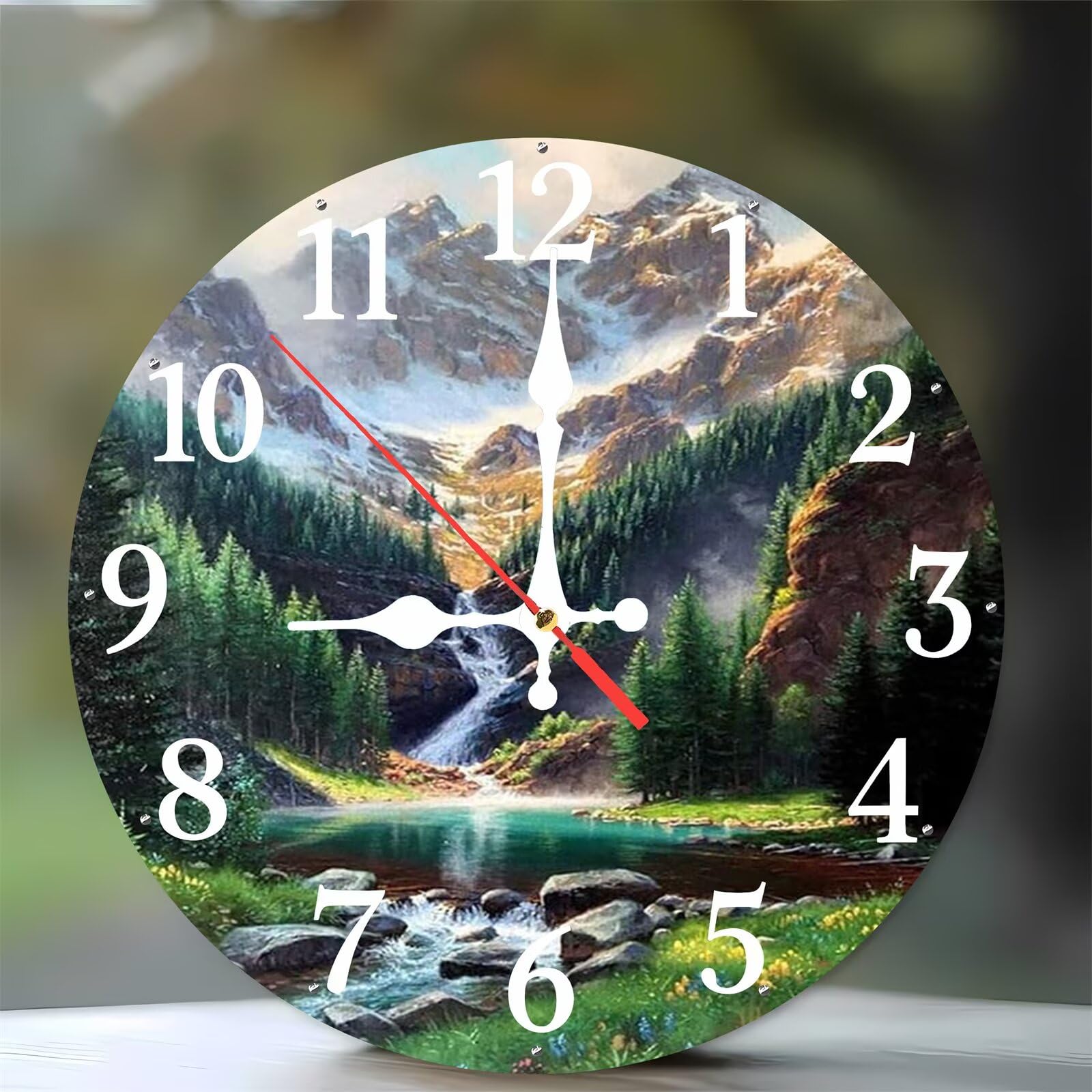 Horloge murale sans bruit pour chambre et bureau motif montagnes bois