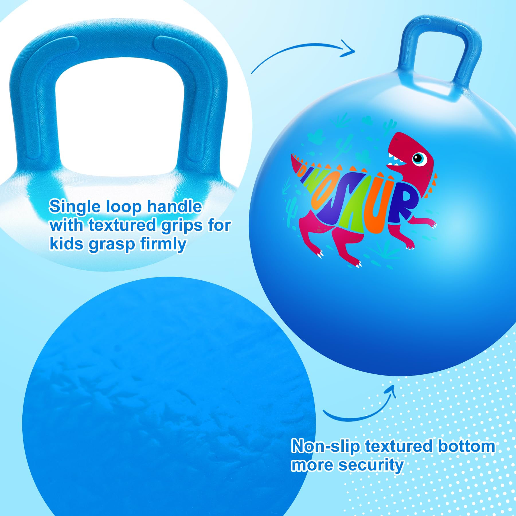INPODAK 18inch Space Hoppers for Kids Age 3-8 Blue Dinosaur Space Hopper Anti-slip Hopper Ball with Handle Inflatable Jumping Balls with Handpump Jumping toy for Boy Girls Indoor Outdoor Garden Game - Image 4