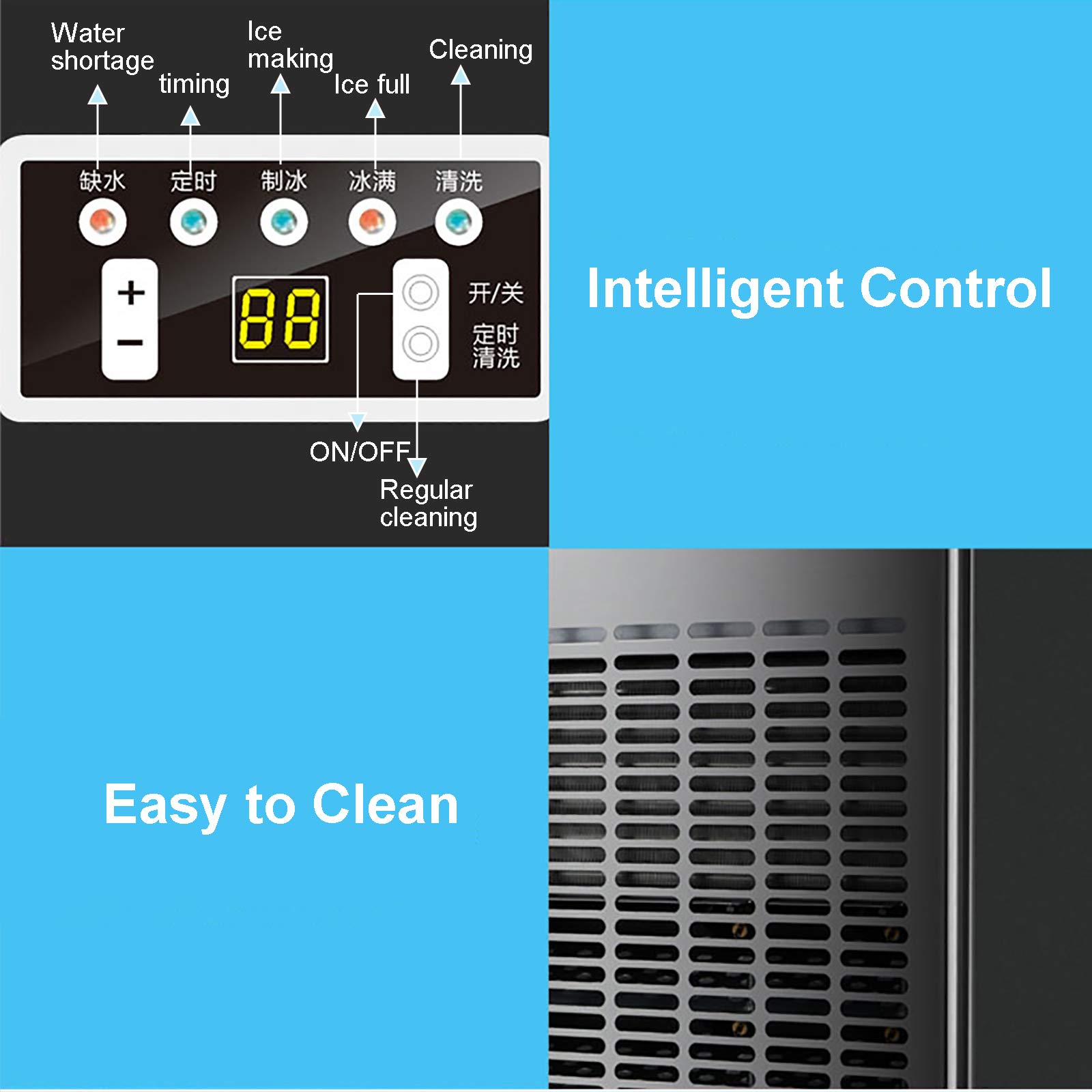 Máquina Hacer Hielo Comercial, Máquina Cubitos de Hielo con Encimera de Acero Inoxidable, Maquina Hielo con Control Digital para El Hogar, Cocina, Oficina, Restaurante, 36 Rejillas, 55 Kg / 24 H