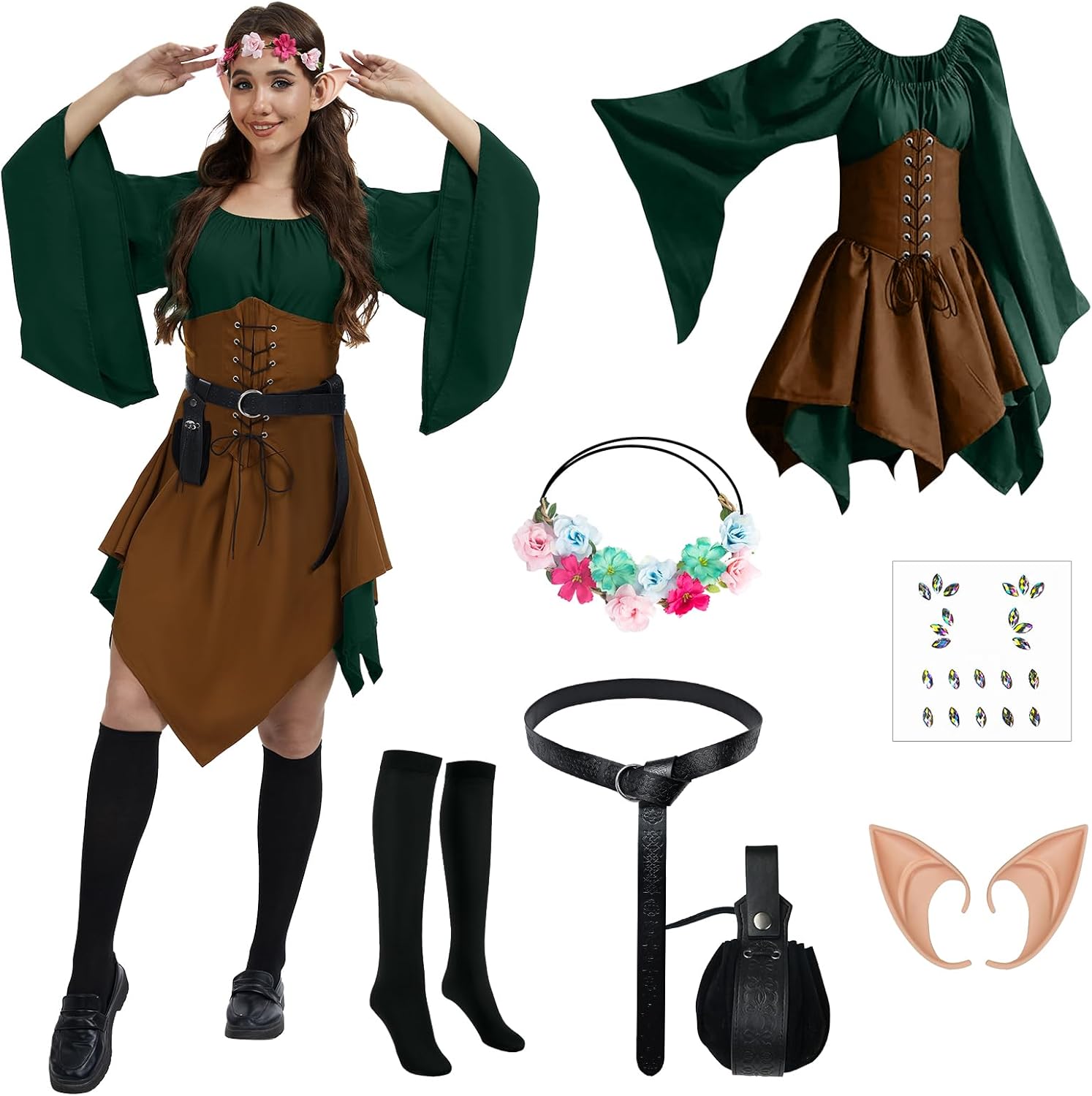 7PCS Women Elf Costume Renaissance Dresses Halloween Medieval Irish Dress Fairy Costume