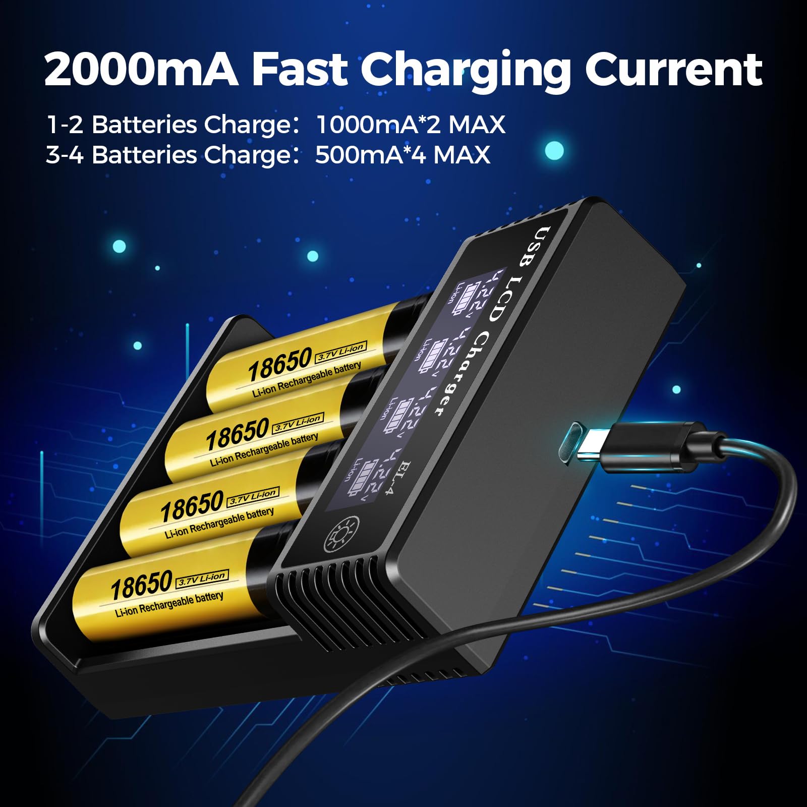 Amazon.com: 18650 Battery Charger,4 Bay 3.7V Li-ion Battery Charger with  Smart LCD Display 2A Fast Charging for Rechargeable Batteries Lithium NI-MH  NI-Cd AA AAA C 18650 18350 18700 21700 26650 14500 16340 : Electronics