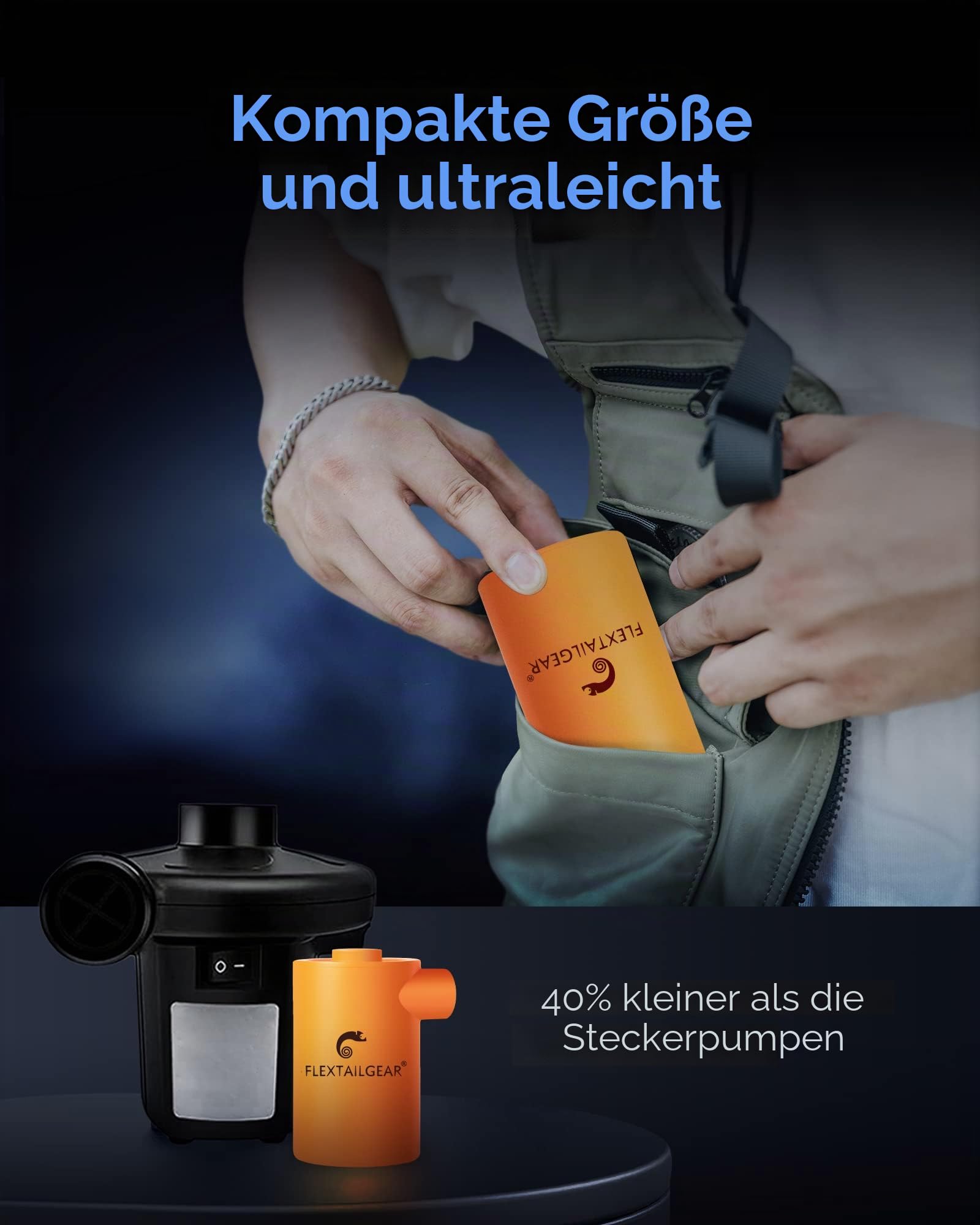 FLEXTAILGEAR Elektrische Luftpumpe 2 in 1 Kompakt Kleine Camping Pumpe, Vakuumpumpe, Akkupumpe 3 Düsen für Luftmatratze, Sofa, Pool, Boot, Schwimmring, Vakuumbeutel