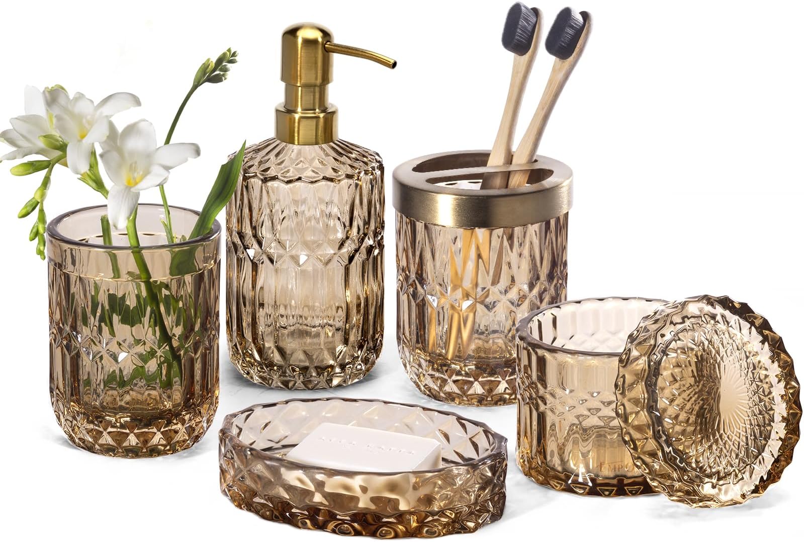 6PCS Bathroom Clear Glass Accessories Set (Lotion Soap Dispenser, Soap Dish, Toothbrush Holder, Tumbler, Cotton Swab Jar), Contemporary Modern Decor Crystal Vintage Gift (6pcs Brown)