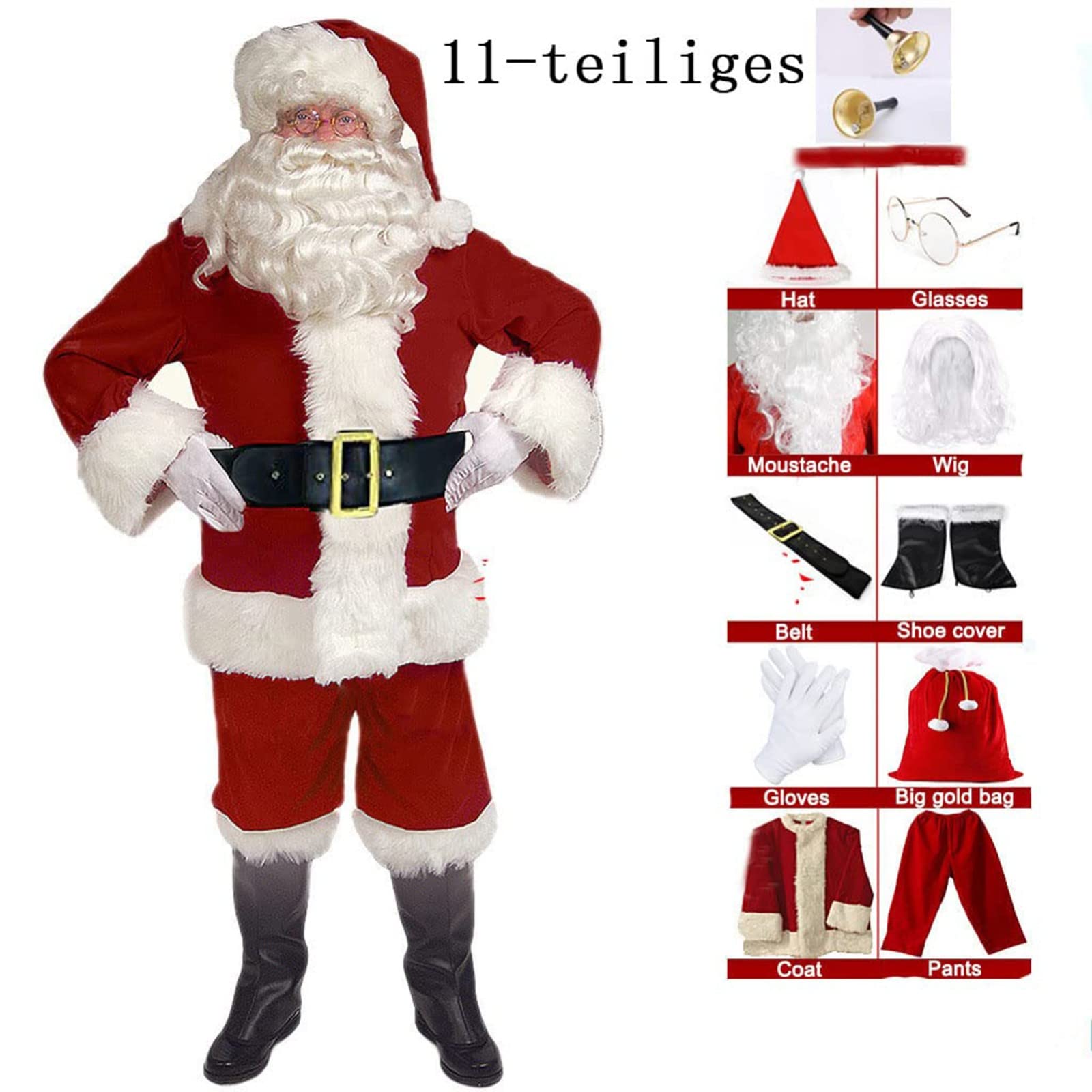 11Pcs Costume Déguisement Père Noel Adulte, Déguisement Noël Homme Père Noël Luxe Complet Costume Déguisement d'hommes pour Noël La Veille Noël Ou Le Carnaval 5XL.