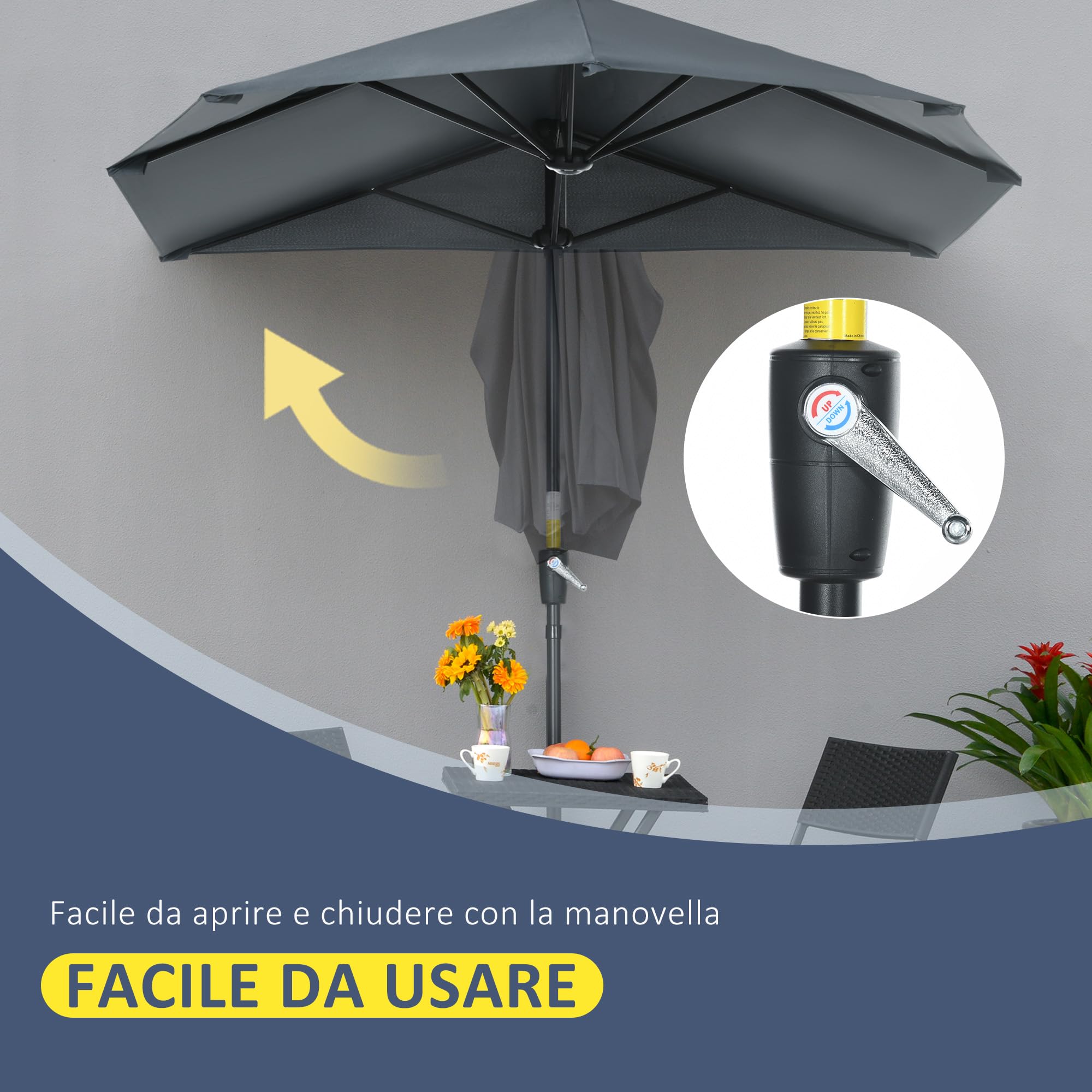 Outsunny Ombrellone da Giardino Parete e Muro 2x1.9 m Anti UV | Apertura a Manovella, Ombrellone Mezzaluna Doppio, 7 Stecche, Supporto a Croce in Acciaio, Poliestere 180g/㎡, Balcone