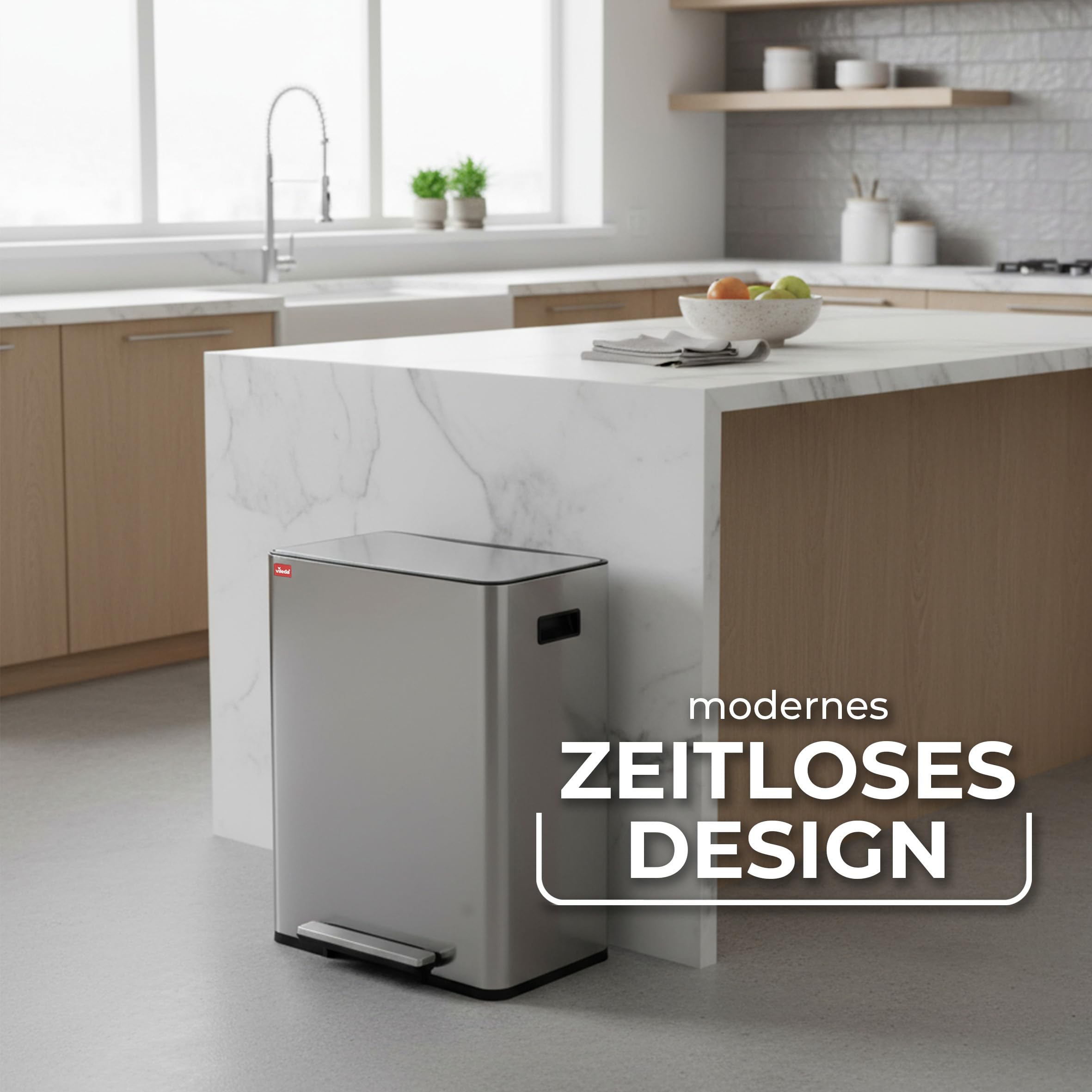 Vileda Mülleimer 60L Edelstahl silber mit 2x 30L Fächern - Treteimer mit Deckel - Abfalleimer 60L mit Soft-Close und 90 Grad Öffnung - Mülleimer Küche 60L - inkl. Einsatzfach für Duftpads im Deckel