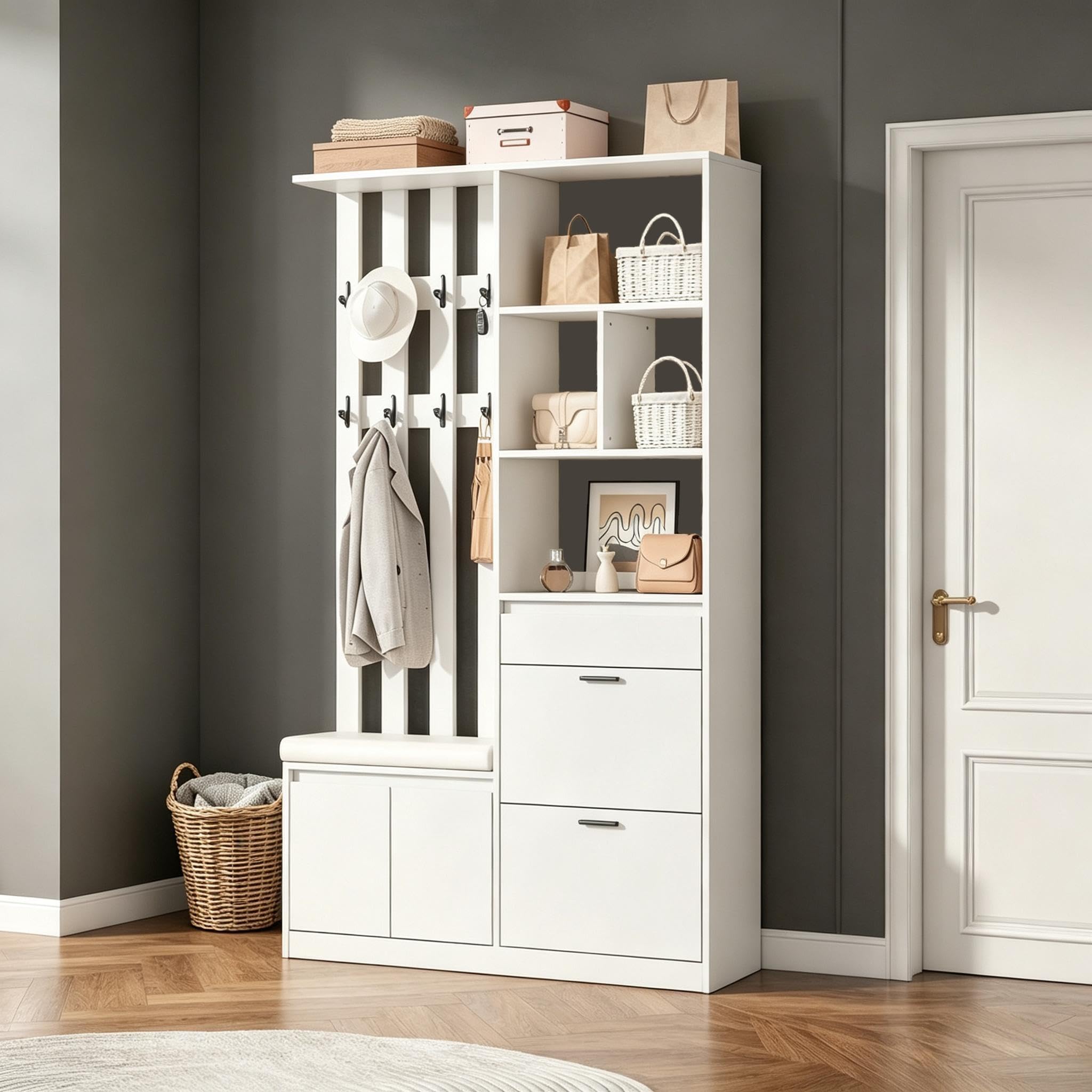 REXO Set di guardaroba, elegante e compatto, pratico appendiabiti da parete (bianco1, 120 x 30 x 200 cm)