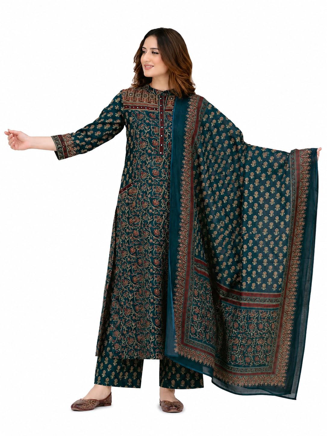 Paribelle Cotton Floral Handblock Print Kurta Palazzo Dupatta Set-picture-51