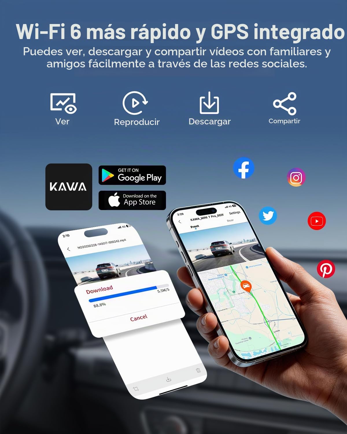 Cámara para Coche Frontal KAWA 4K Mini, Control por Voz, Pantalla Oculta, Motor NightEagle con HDR 2K, Wi‑Fi 6 y GPS Integrados, Modo de estacionamiento con búfer 24/7, admite hasta 256 GB