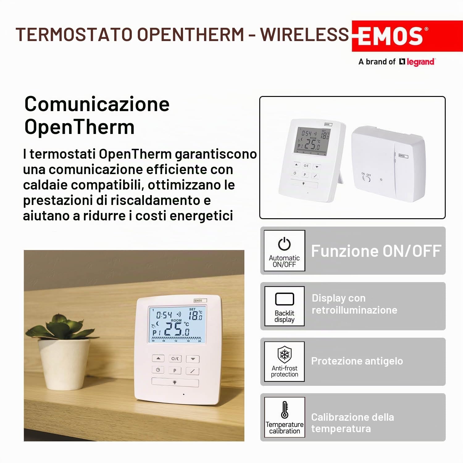 EMOS Termostato wireless OpenTherm, regolatore di temperatura digitale programmabile per riscaldamento o aria condizionata, 9 programmi, antigelo, ON-off, differenziale regolabile, 11,5 x 3,7 x 9,1