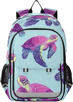Bolaz Kids School Backpack with Safety Reflectors Strip,Great for Boys & Girls Ages 612,Purple Turtle Pattern