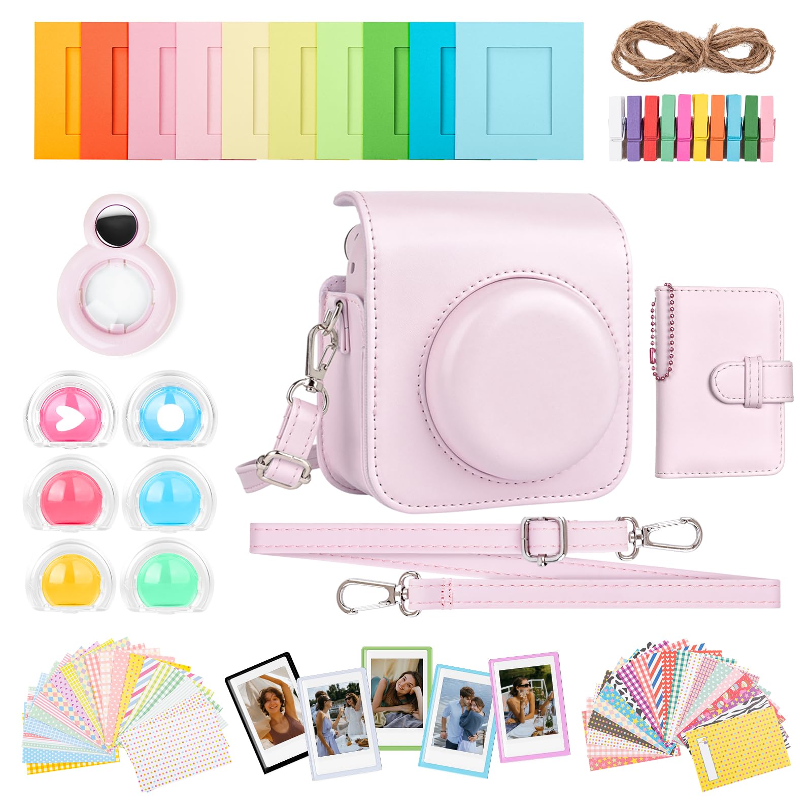 HIYQIN 8 in 1- Camera Case and Accessories Compatible with Fujifilm Instax Mini 12, Mini 12 Case/Photo Album/Photo Frame & Stickers/Lens Filter/Selfie Mirror - Pink