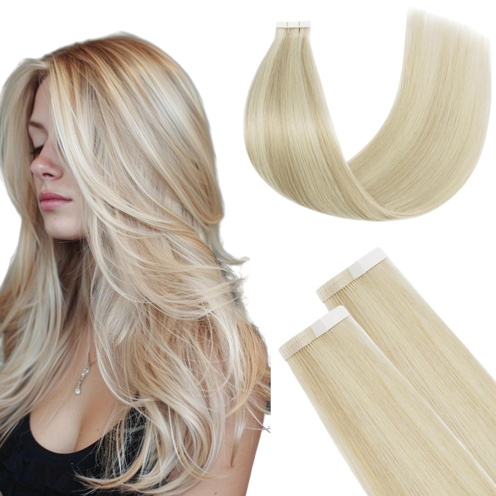 FUOTONBUTY Extension Capelli Veri Biadesivo Doppia Cucitura, Extension Biadesive Capelli Veri, Capelli Umani Lisci 20pcs