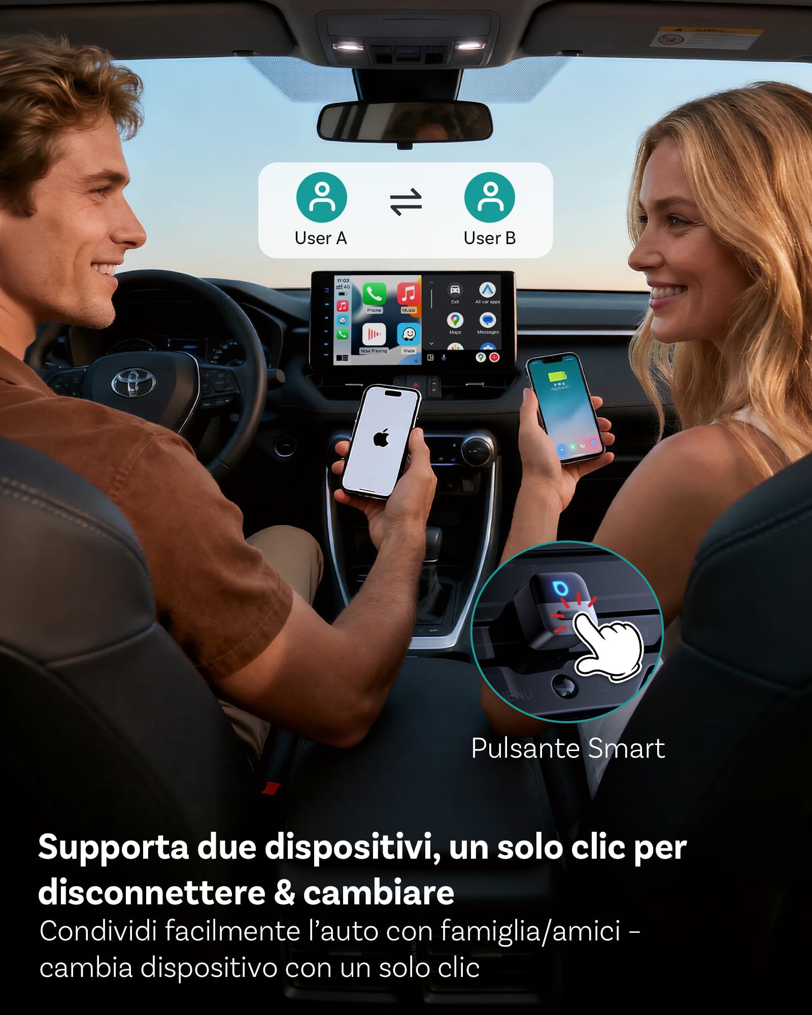 OTTOCAST Mini Pico 2026 Adattatore Wireless CarPlay e Android Auto, Pulsante Intelligente, 5-8s Connessione Automatica, USB-A/C, Aggiornamento OTA, Converte da Cablato a Wireless (iOS 10+/Android 11+)